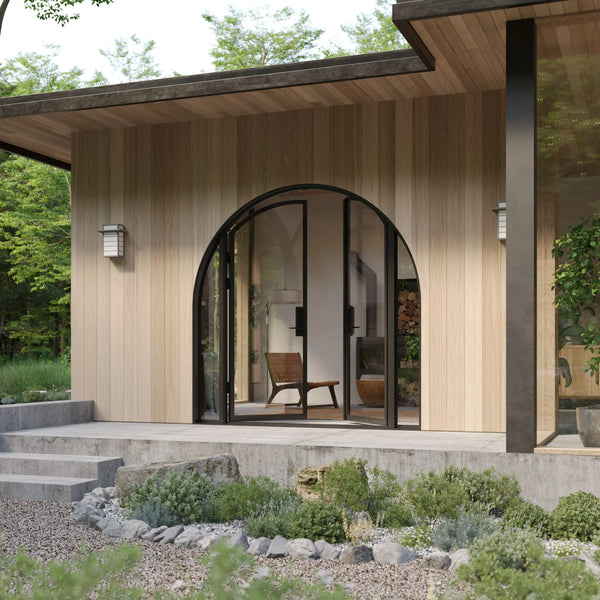 Architectural double arched steel entry with side windows and thermal barrier