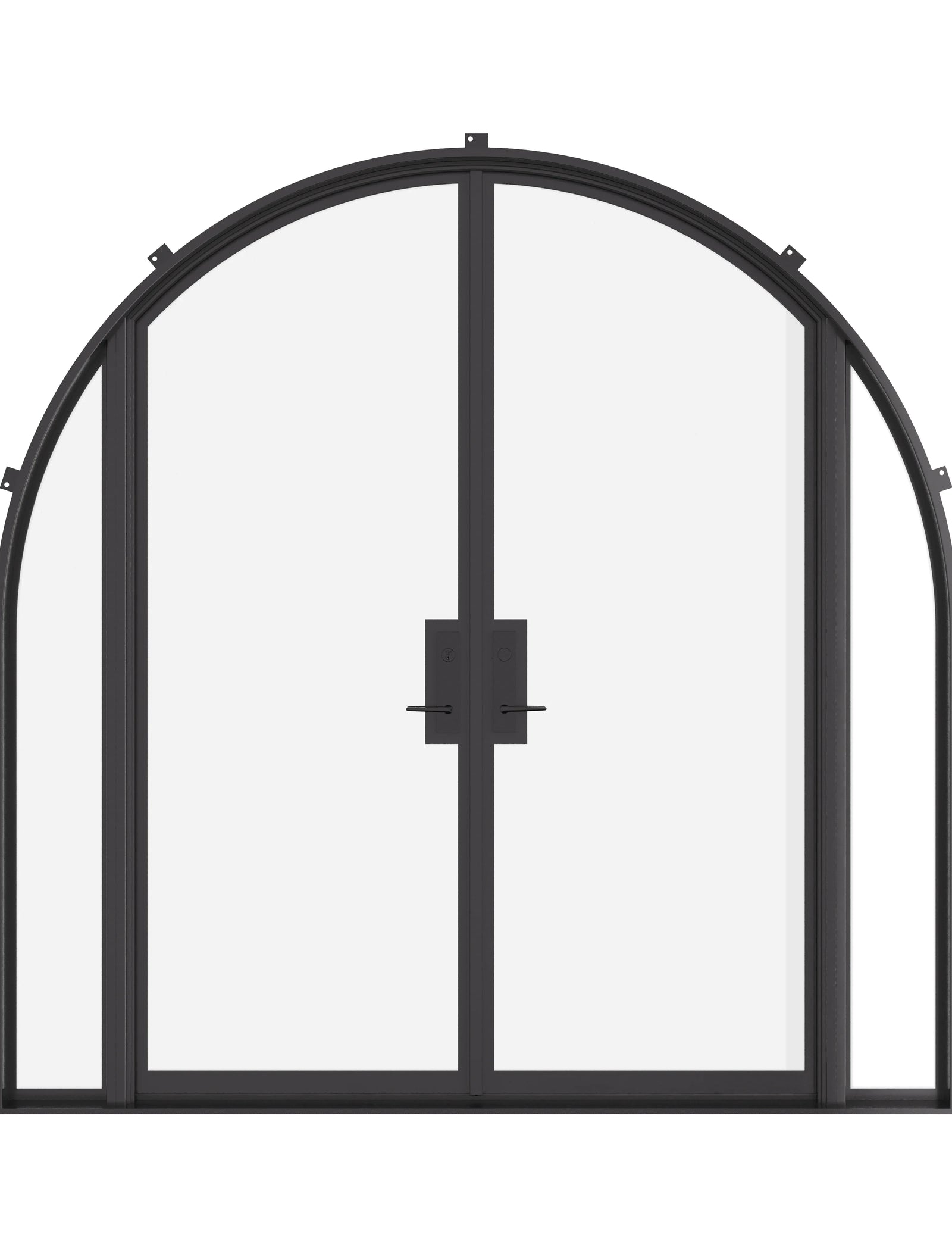 Double full arch steel doors with sidelights, NFRC-rated.