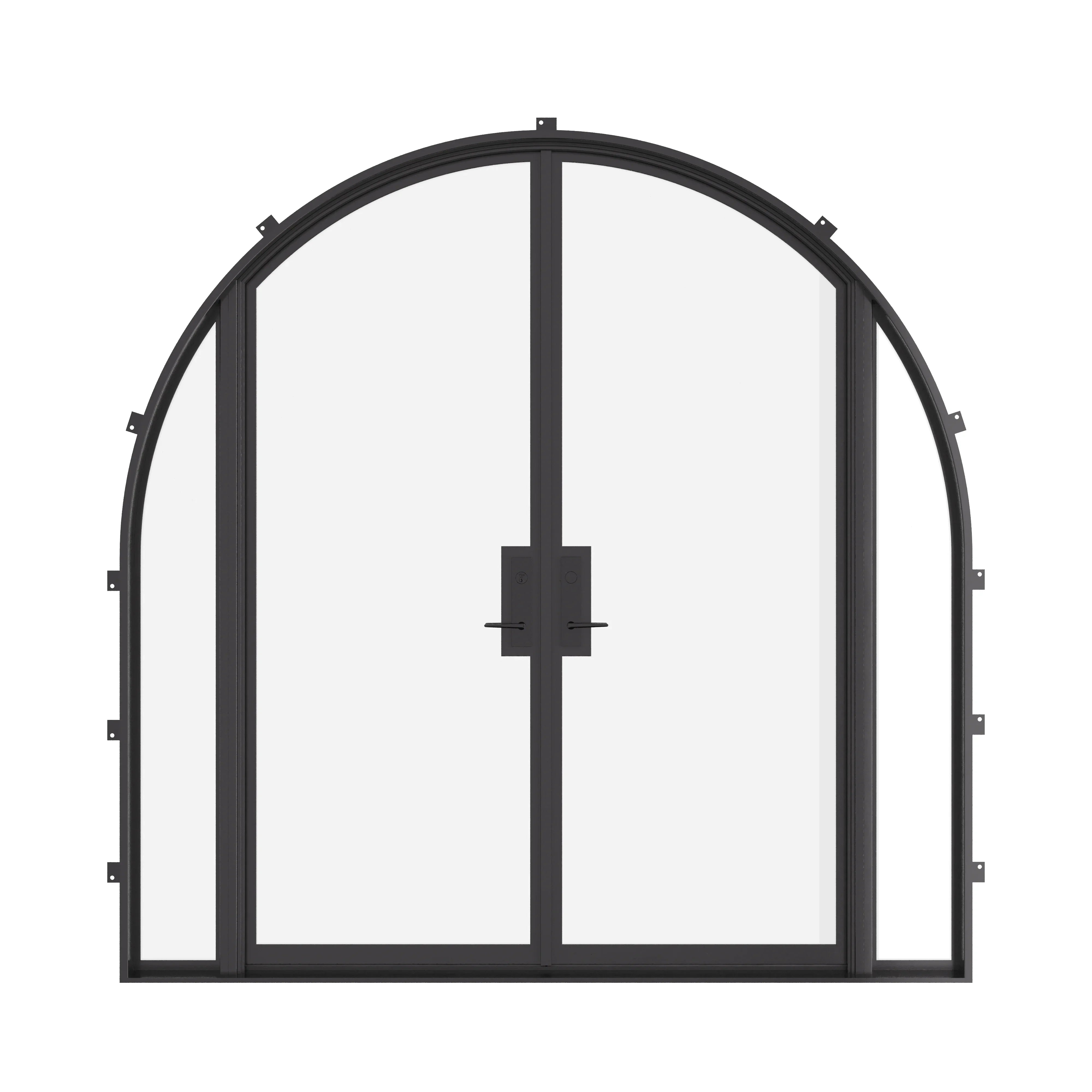 Double full arch steel doors with sidelights and insulated Low-E glazing system