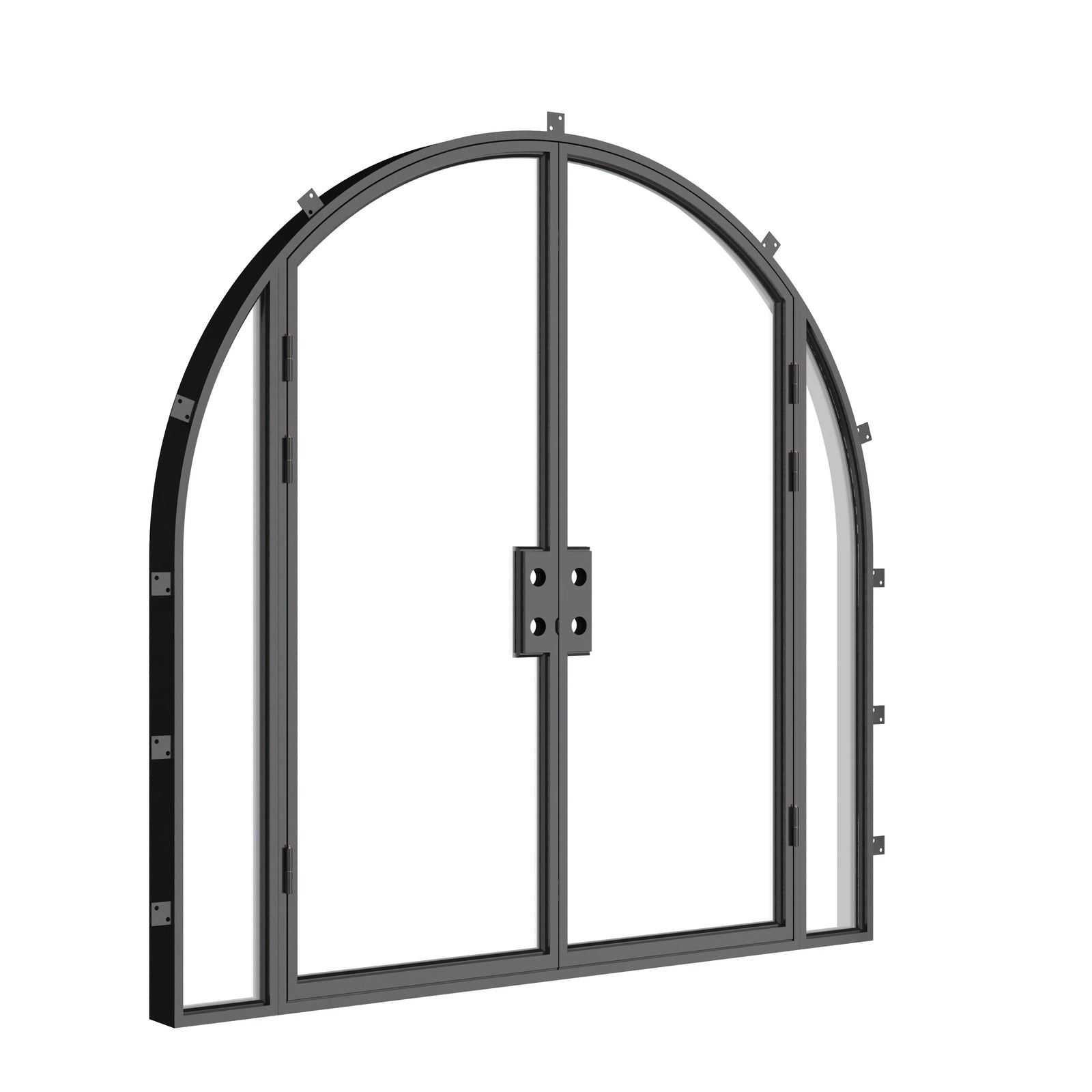 Modern double arch steel doorway with side glass panels and performance glazing