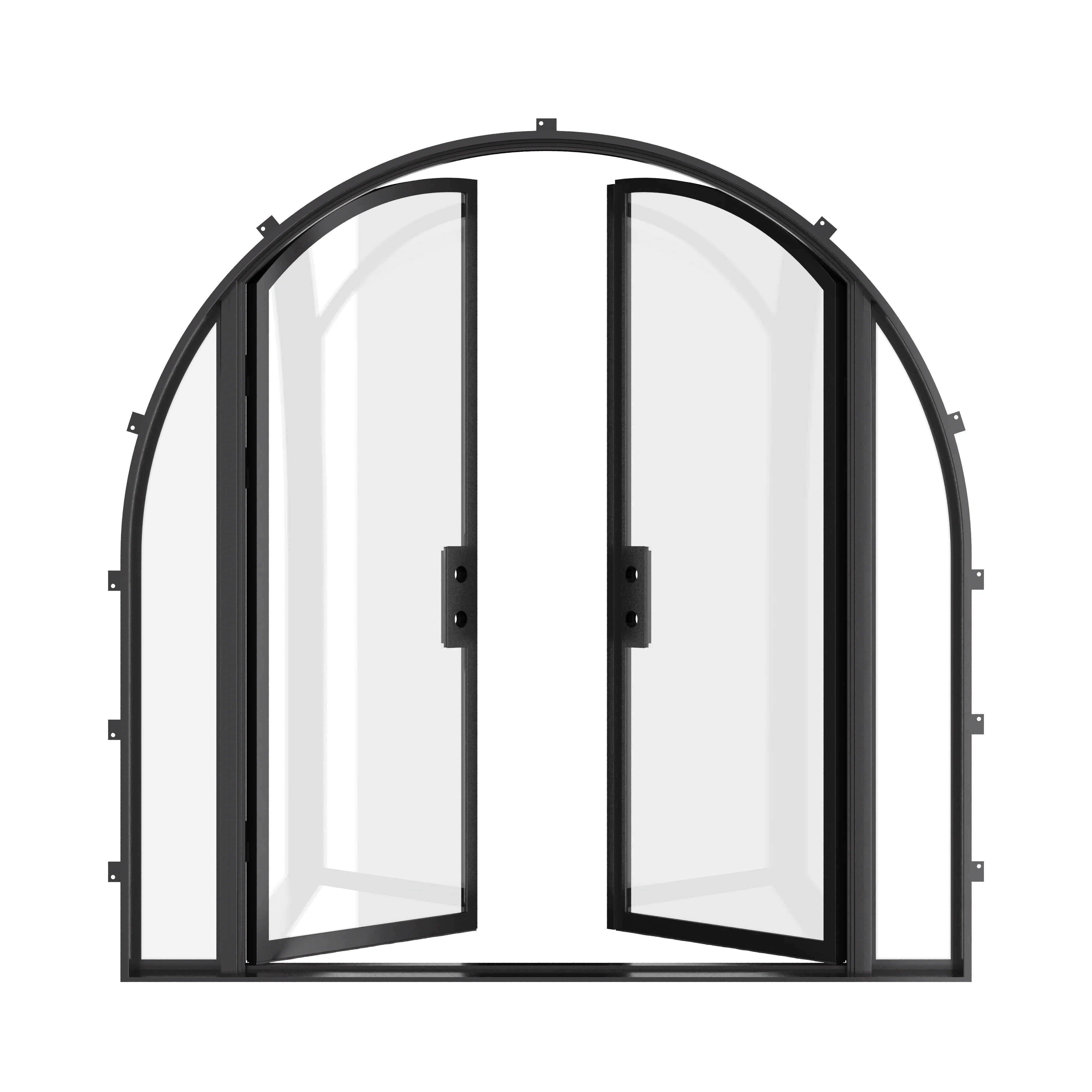 Exterior full arch steel double doors with insulated glass.