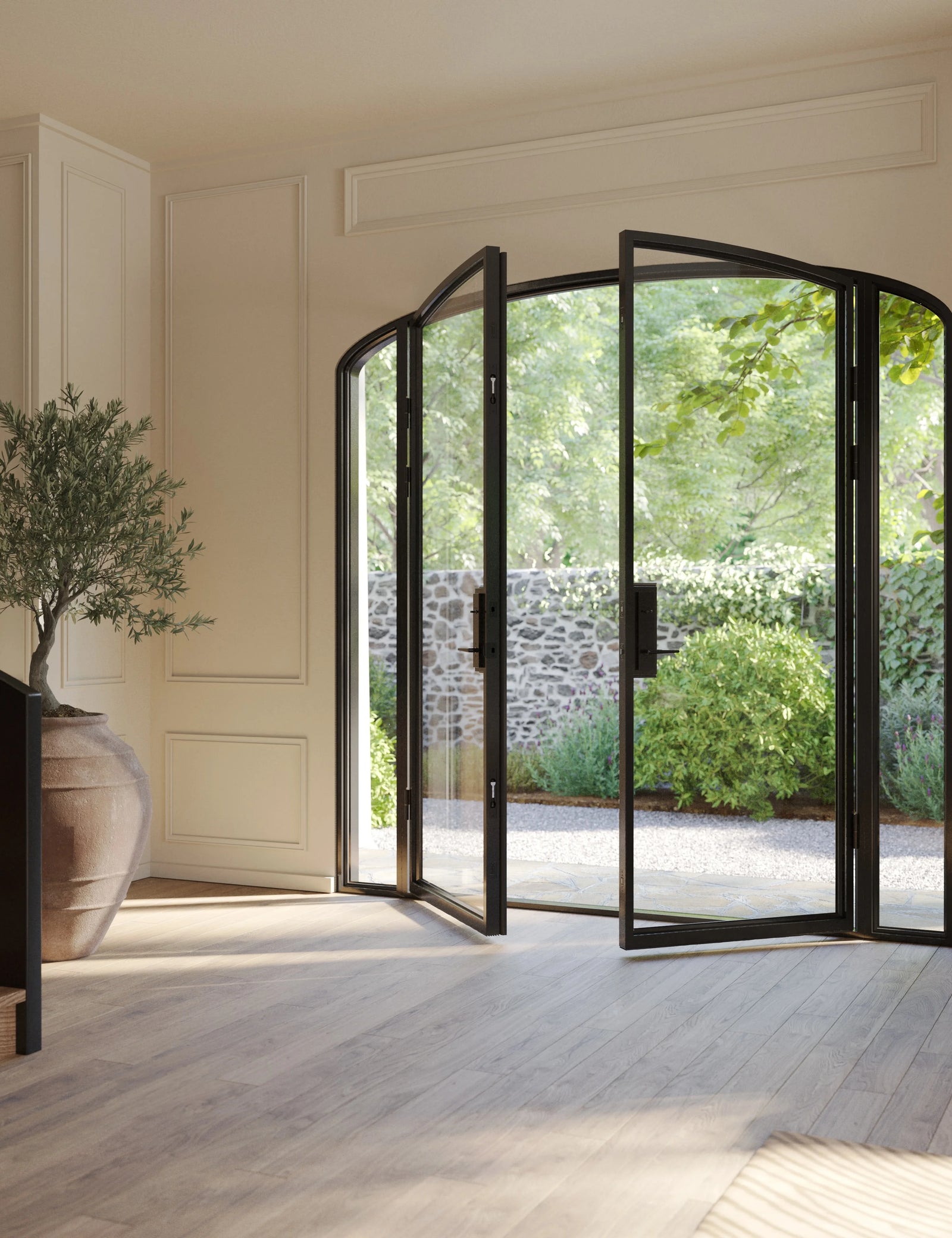 Paired mini arch steel entry with side windows.