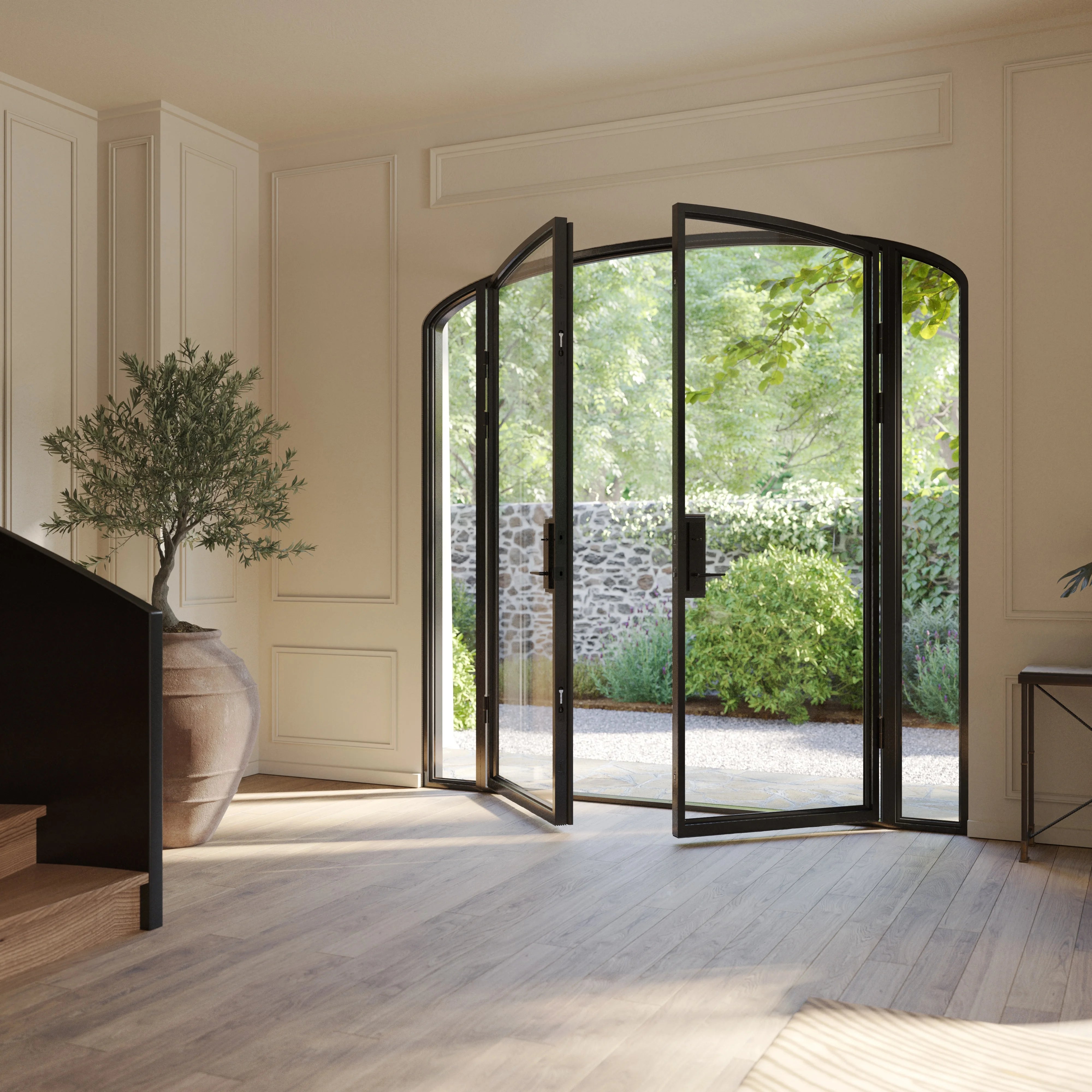 Paired mini arch steel entry with side windows.