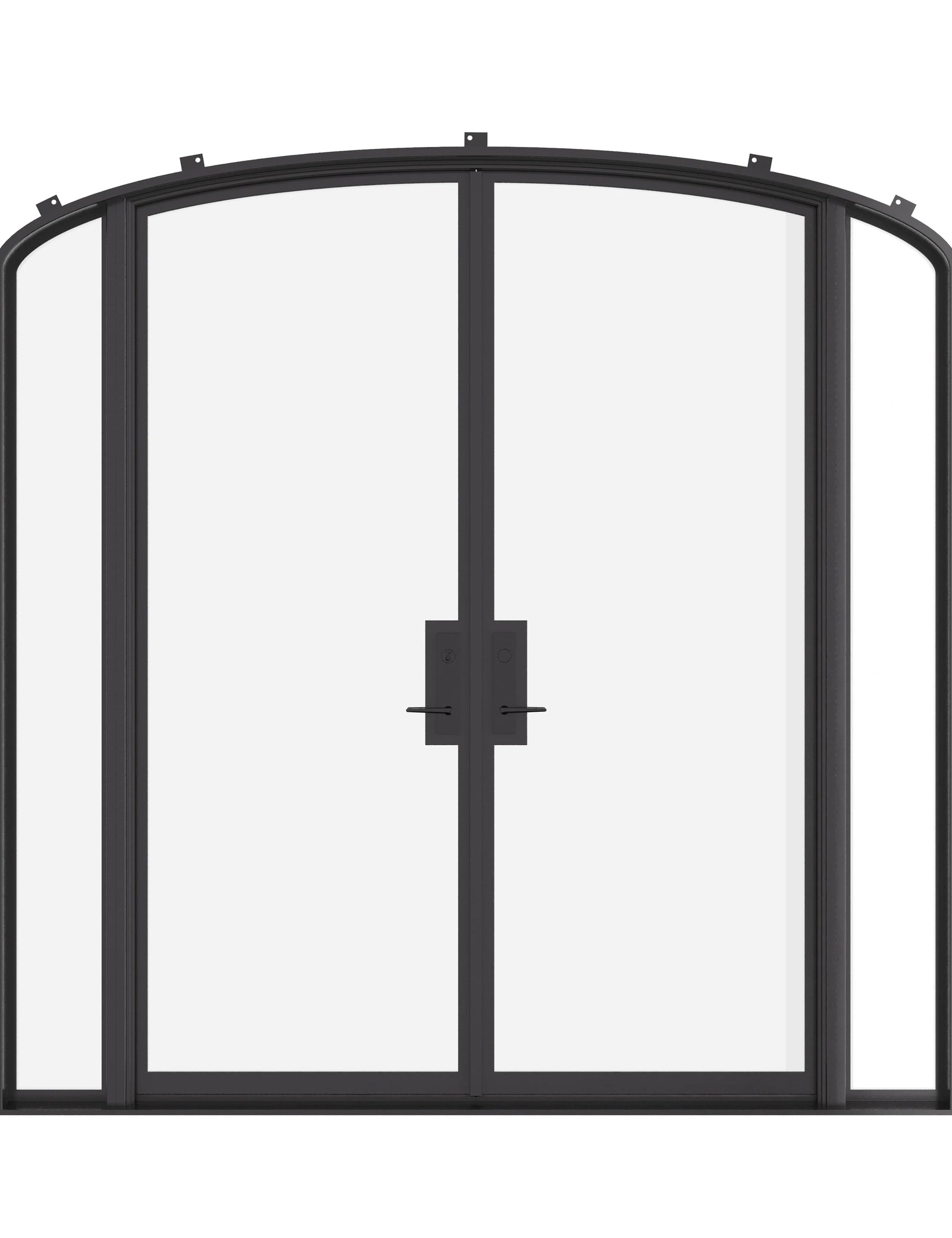 Double mini arch steel doors with sidelights, NFRC-rated.
