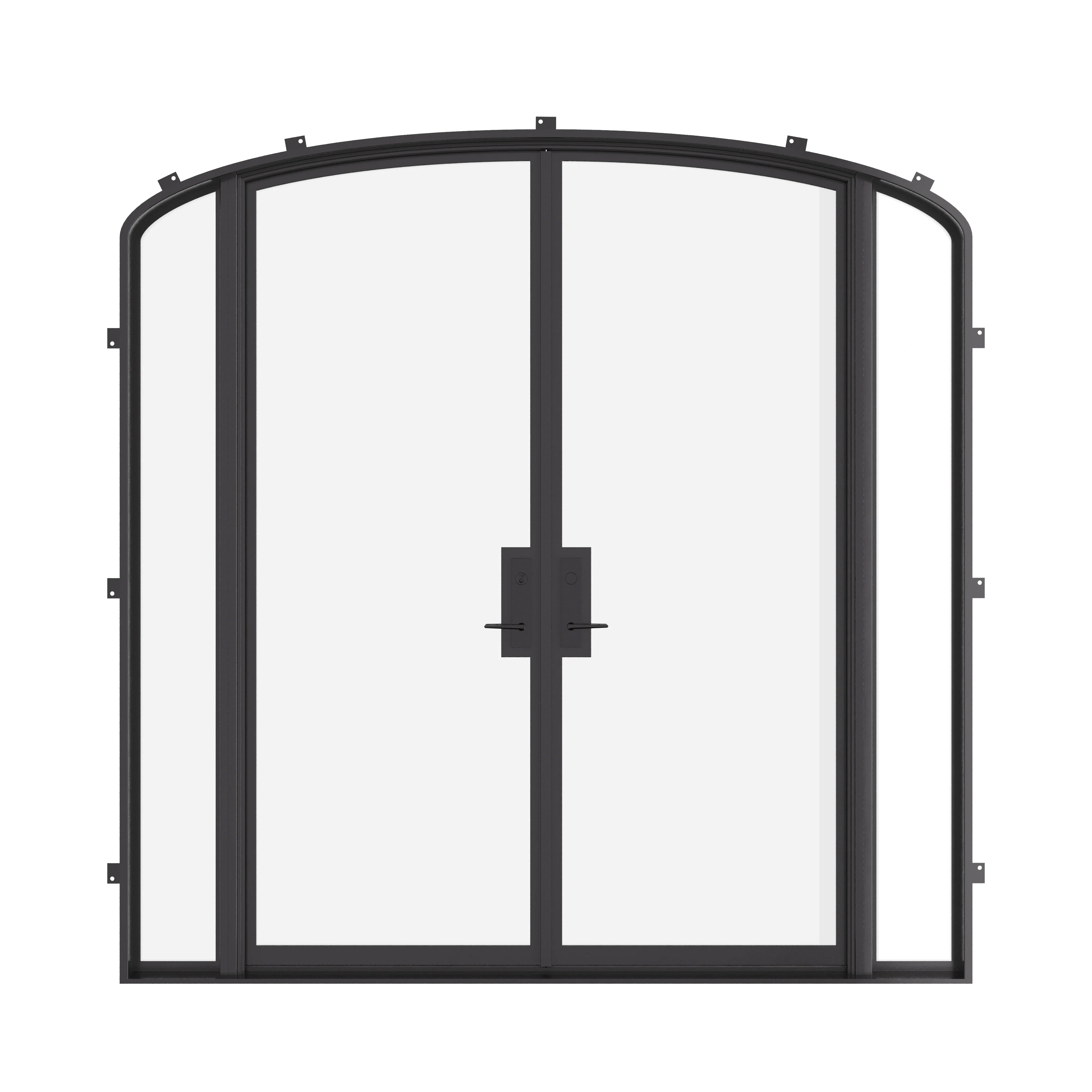 Double mini arch steel doors with sidelights, NFRC-rated.