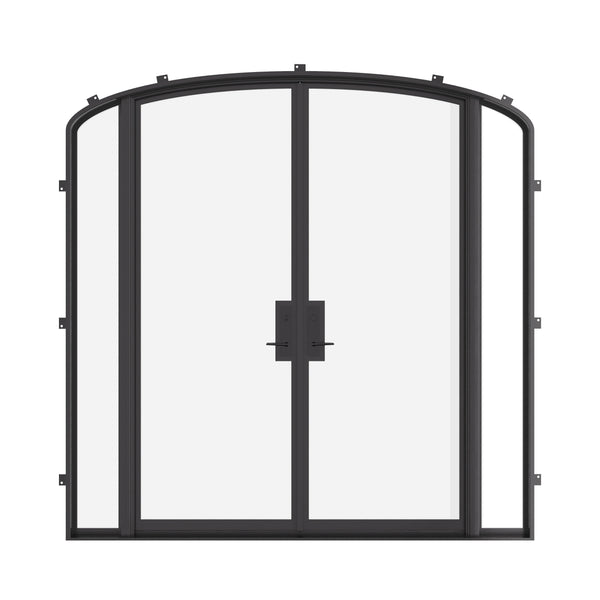 Double mini arch steel doors with sidelights, NFRC-rated.