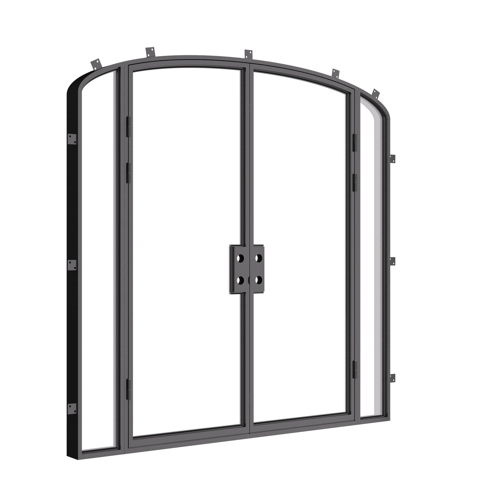 Architectural double mini arch steel doors with sidelights.