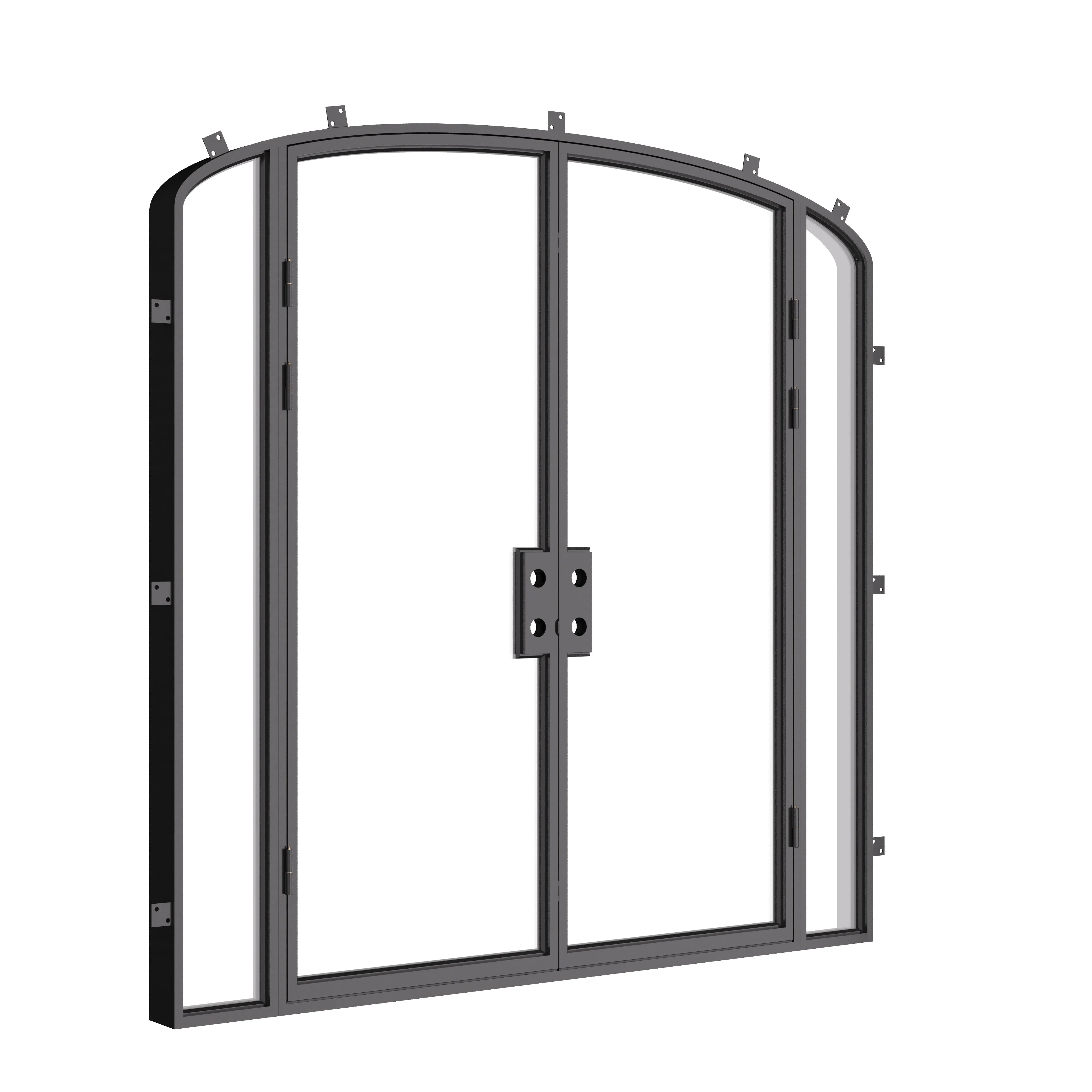 Architectural double mini arch steel doors with sidelights.