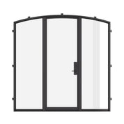 Single arch steel door with sidelights, certified energy performance.