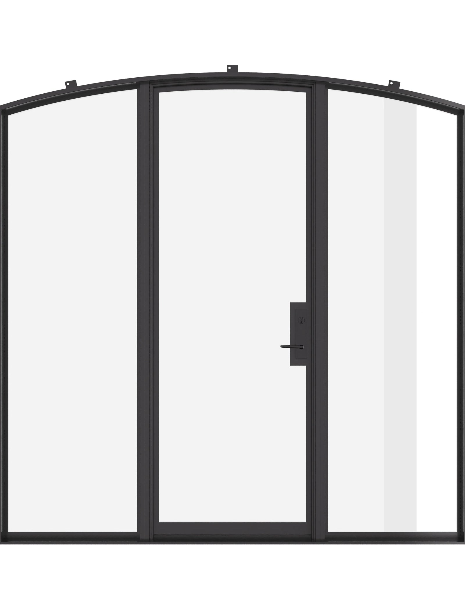 Single arch thermally broken steel door with sidelights and dual-pane Low-E glass for architectural entry