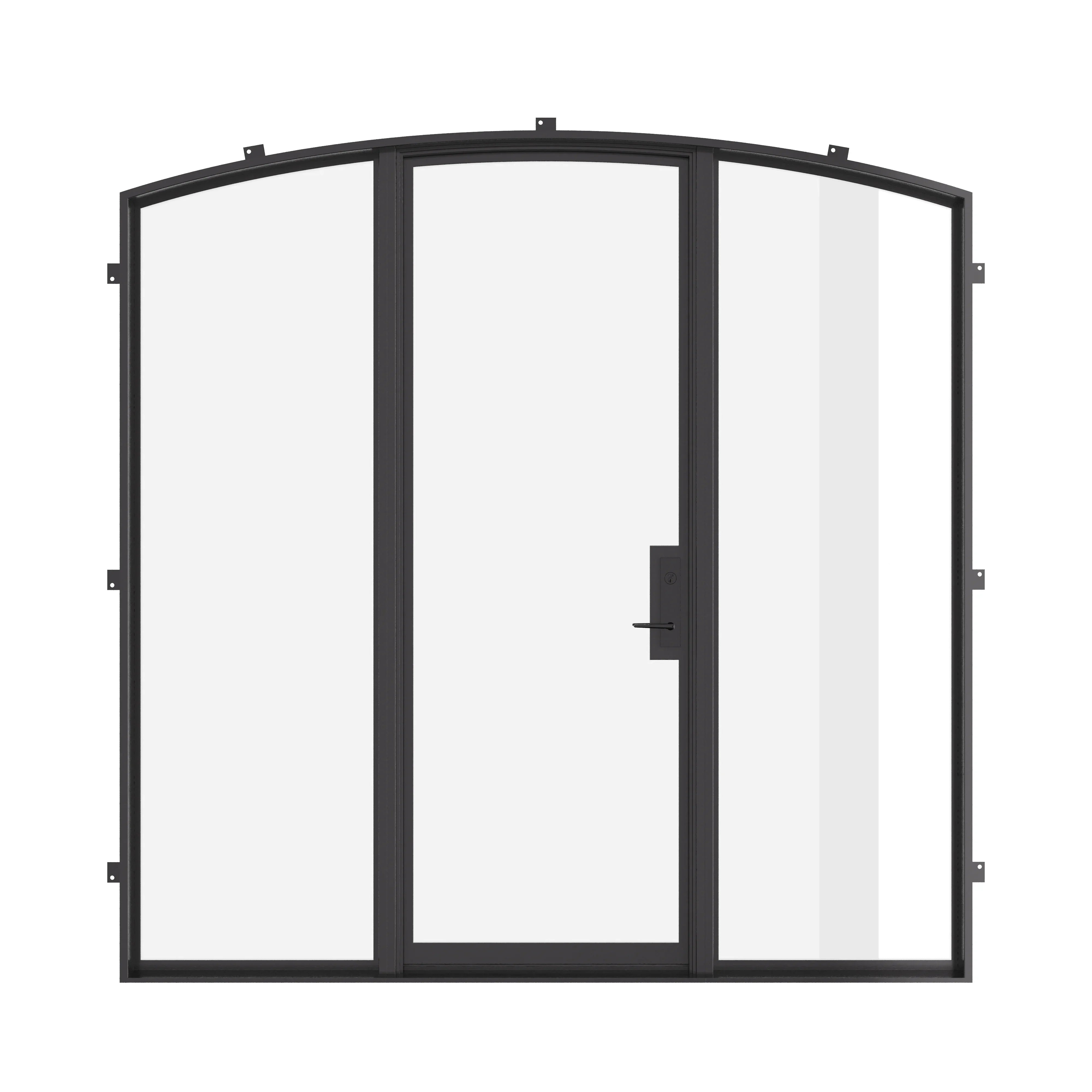 Single arch thermally broken steel door with sidelights and dual-pane Low-E glass for architectural entry