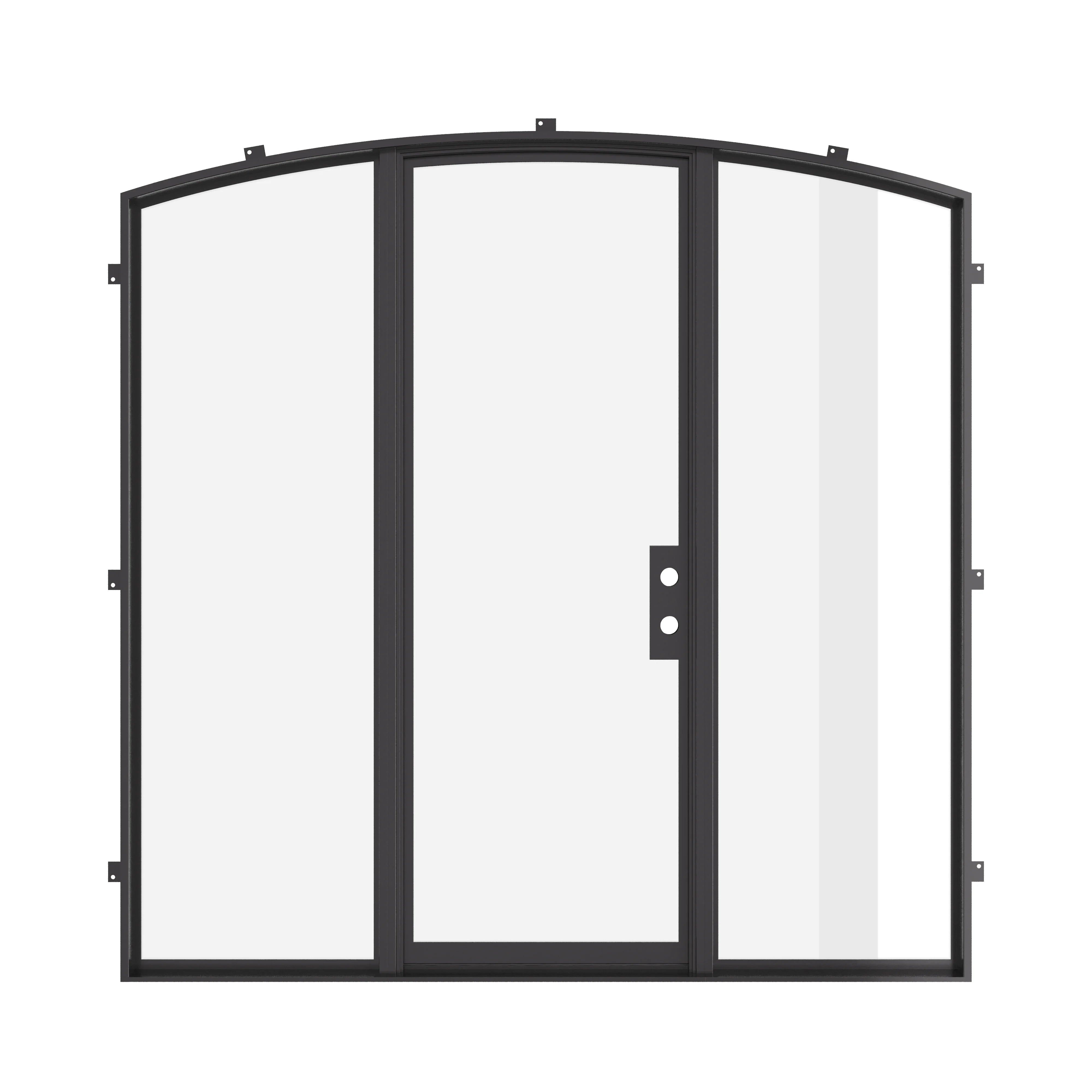Architectural single arch steel door with dual-pane glazing.