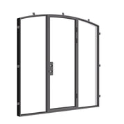 Exterior single arch steel door with sidelights and slim sightlines.