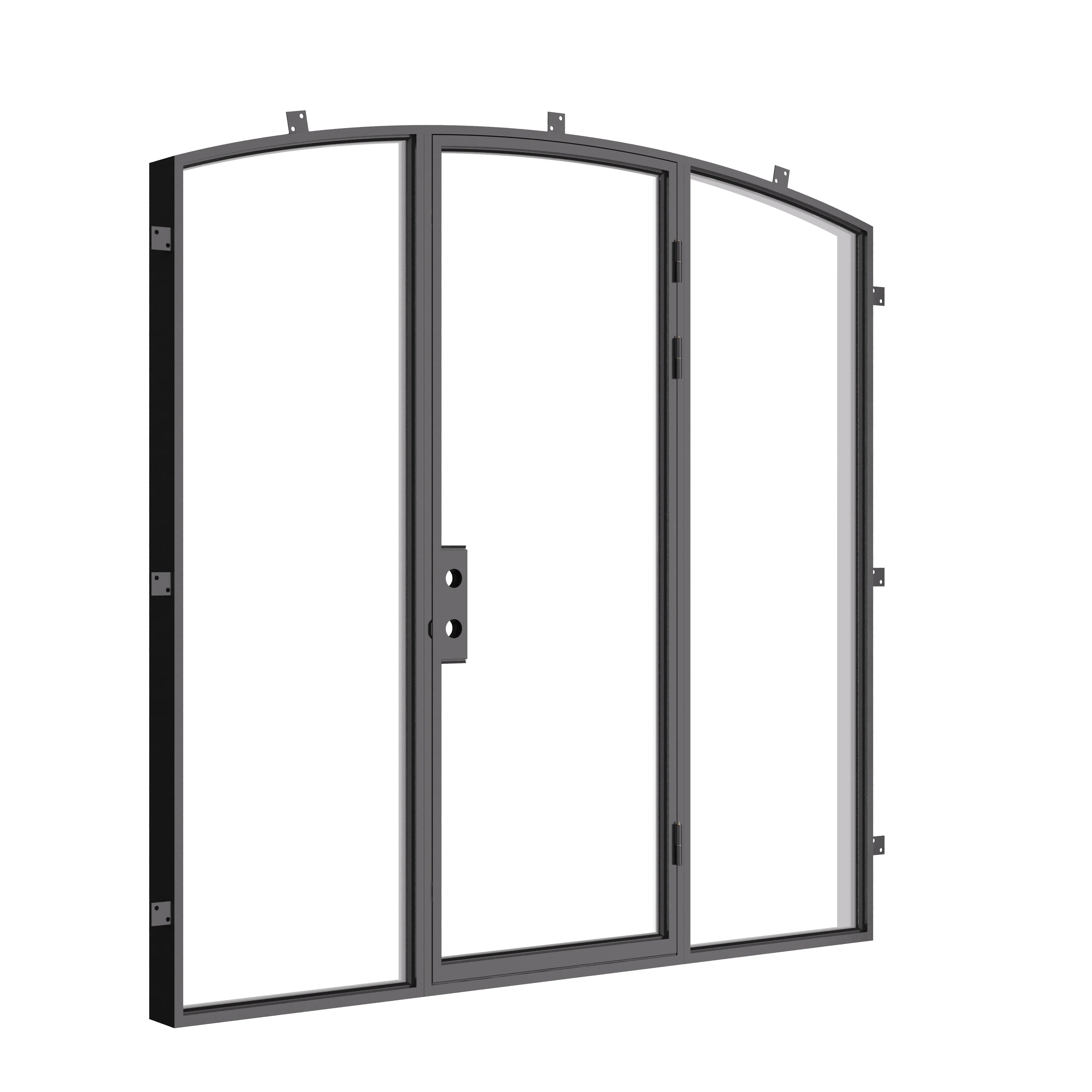 Exterior single arch steel door with sidelights and slim sightlines.