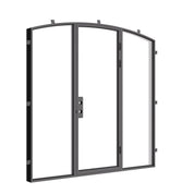 Designer arched steel door with side glass panels and slim sightlines