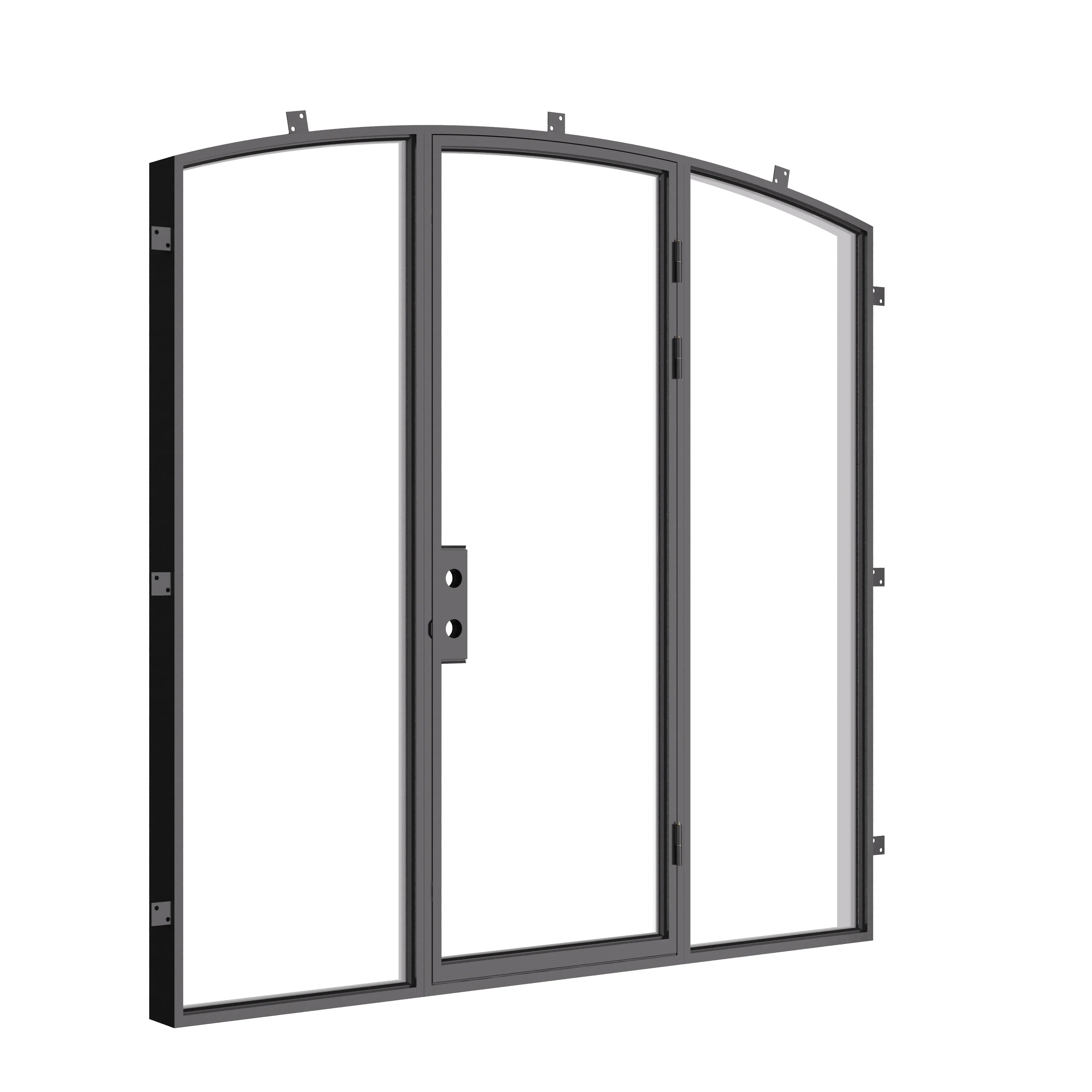 Designer arched steel door with side glass panels and slim sightlines