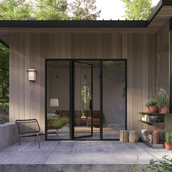 Modern flat steel entry door with side windows and Low-E tempered glass