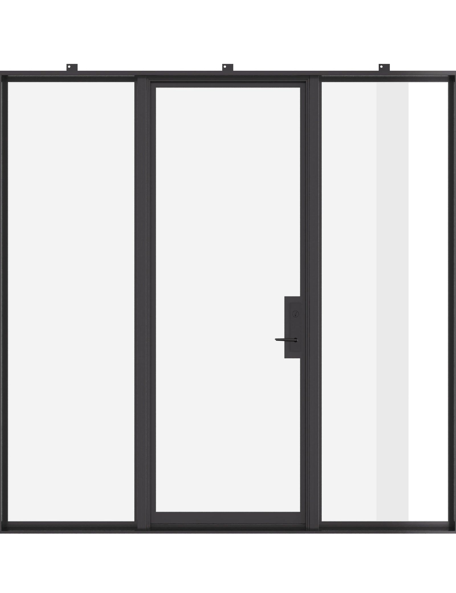 Single flat steel door with sidelights, NFRC-rated glass.