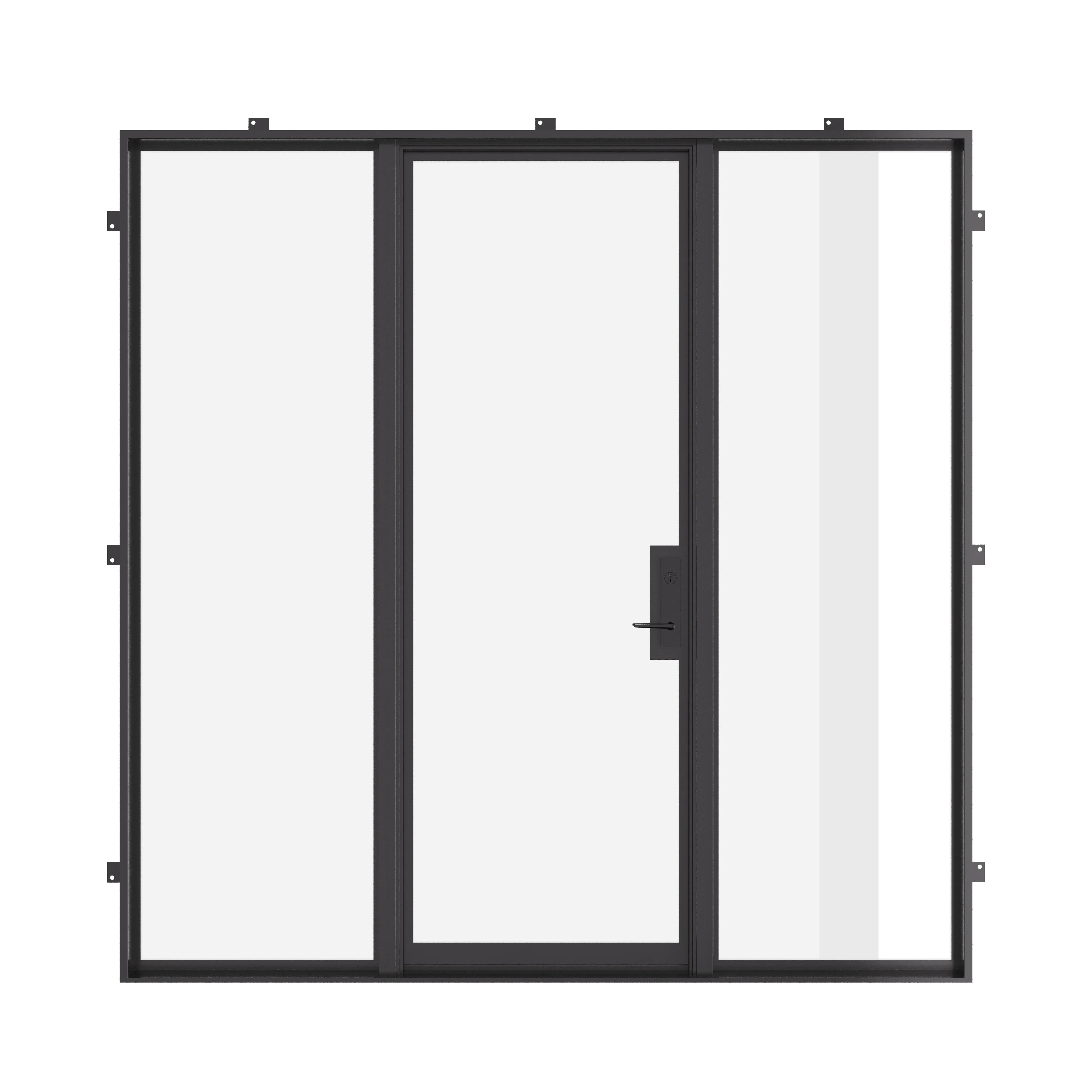 Single flat steel door with sidelights, NFRC-rated glass.
