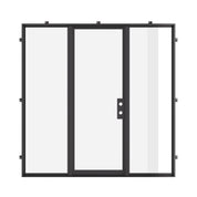Exterior flat steel door with side lites and slim frame.