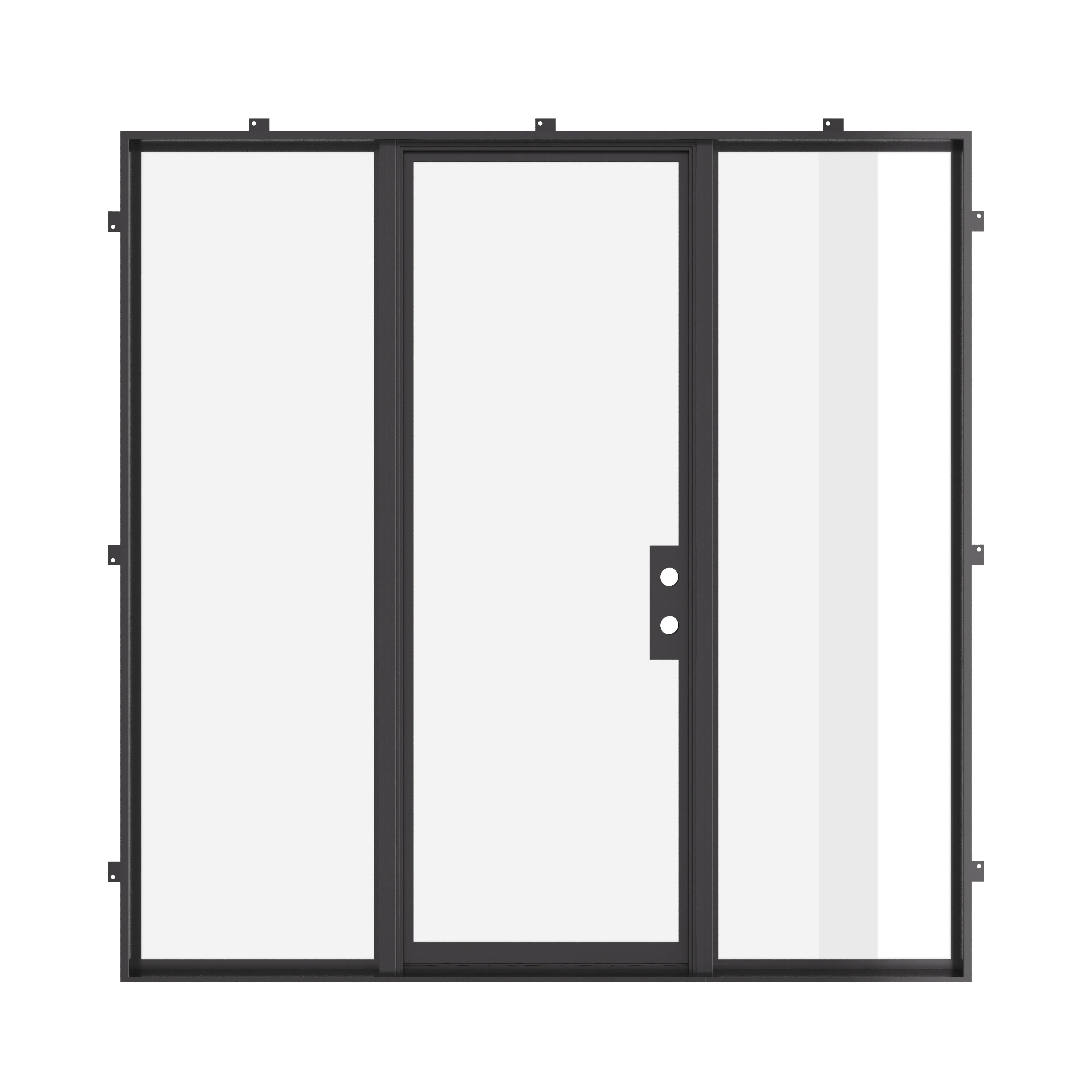 Exterior flat steel door with side lites and slim frame.