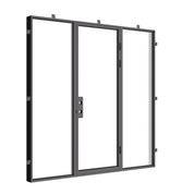 Architectural single flat steel door with sidelights.