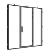 Contemporary flat steel door with side windows and divided lites