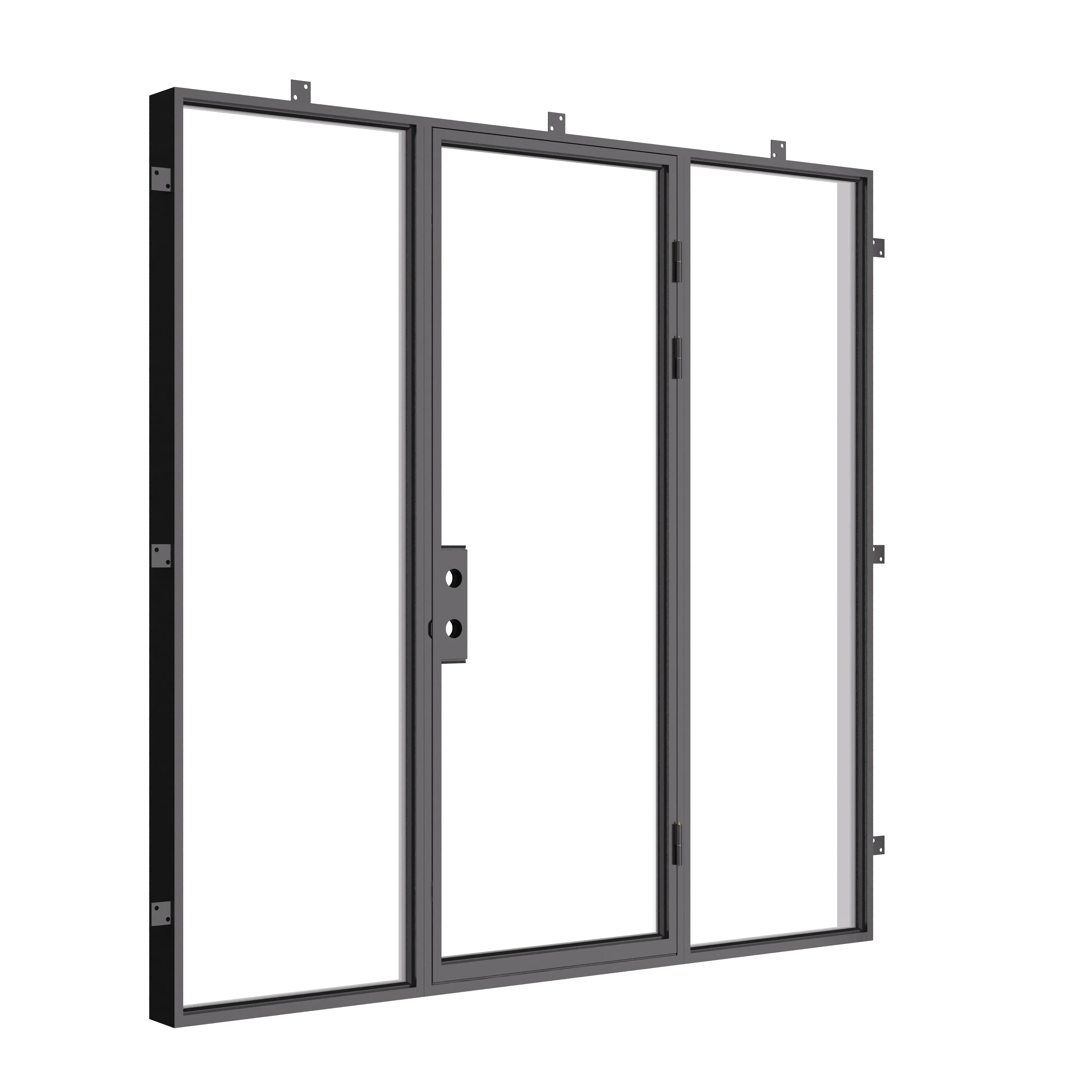 Contemporary flat steel door with side windows and divided lites