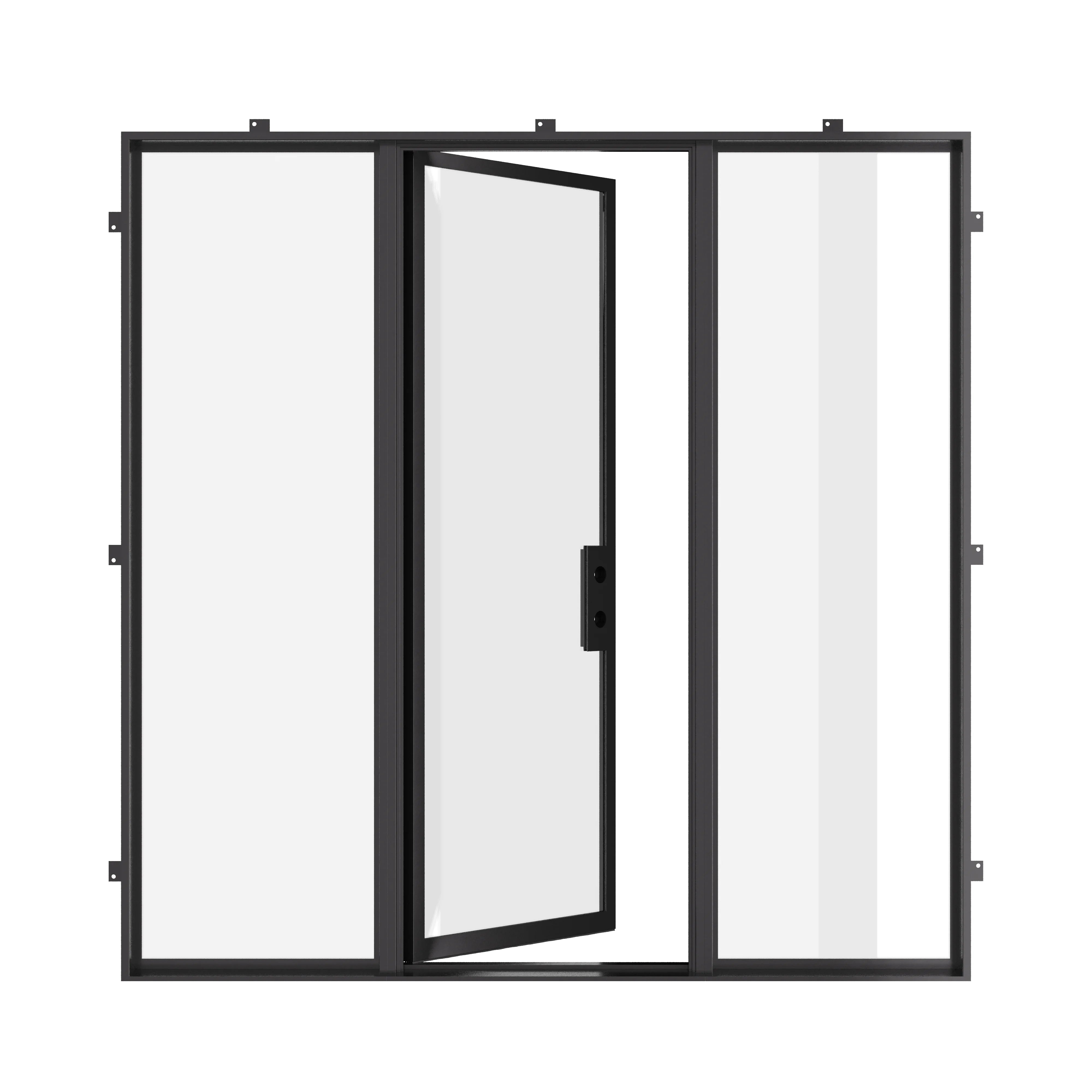 Pre-hung flat steel entry system with insulated glazing.