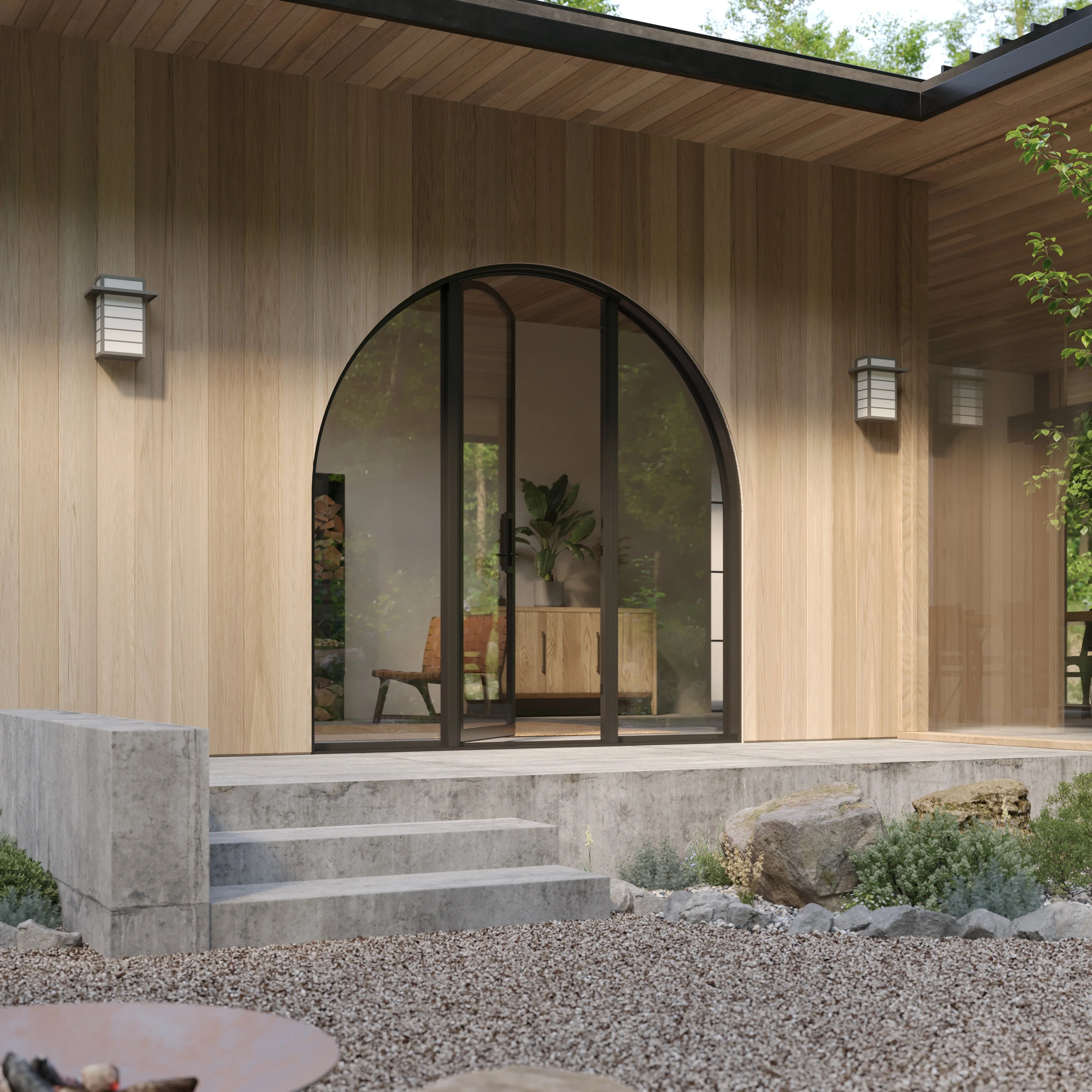 Arched steel entry with side windows and insulated glass.