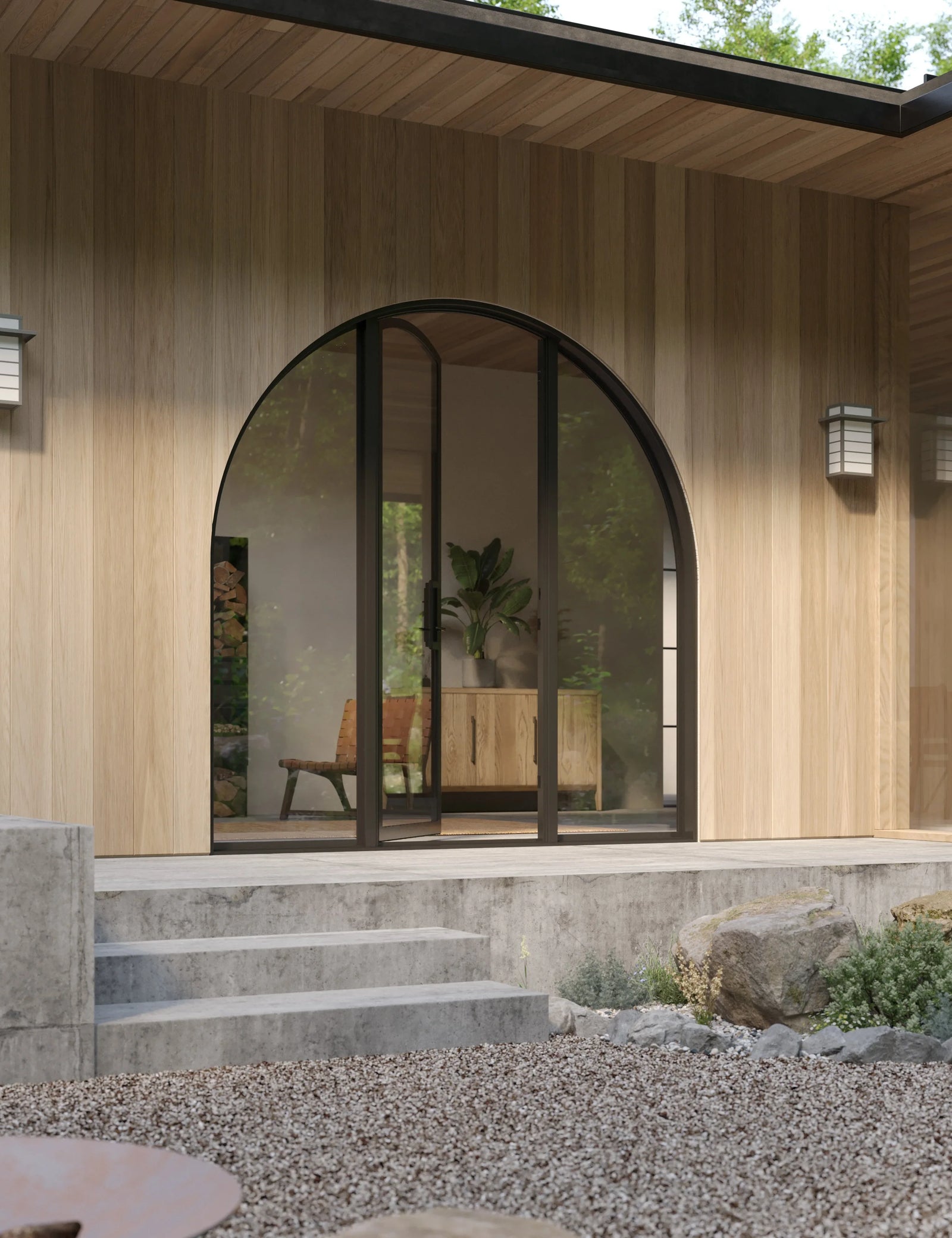 Arched steel entry door with side windows and dual-pane Low-E glazing
