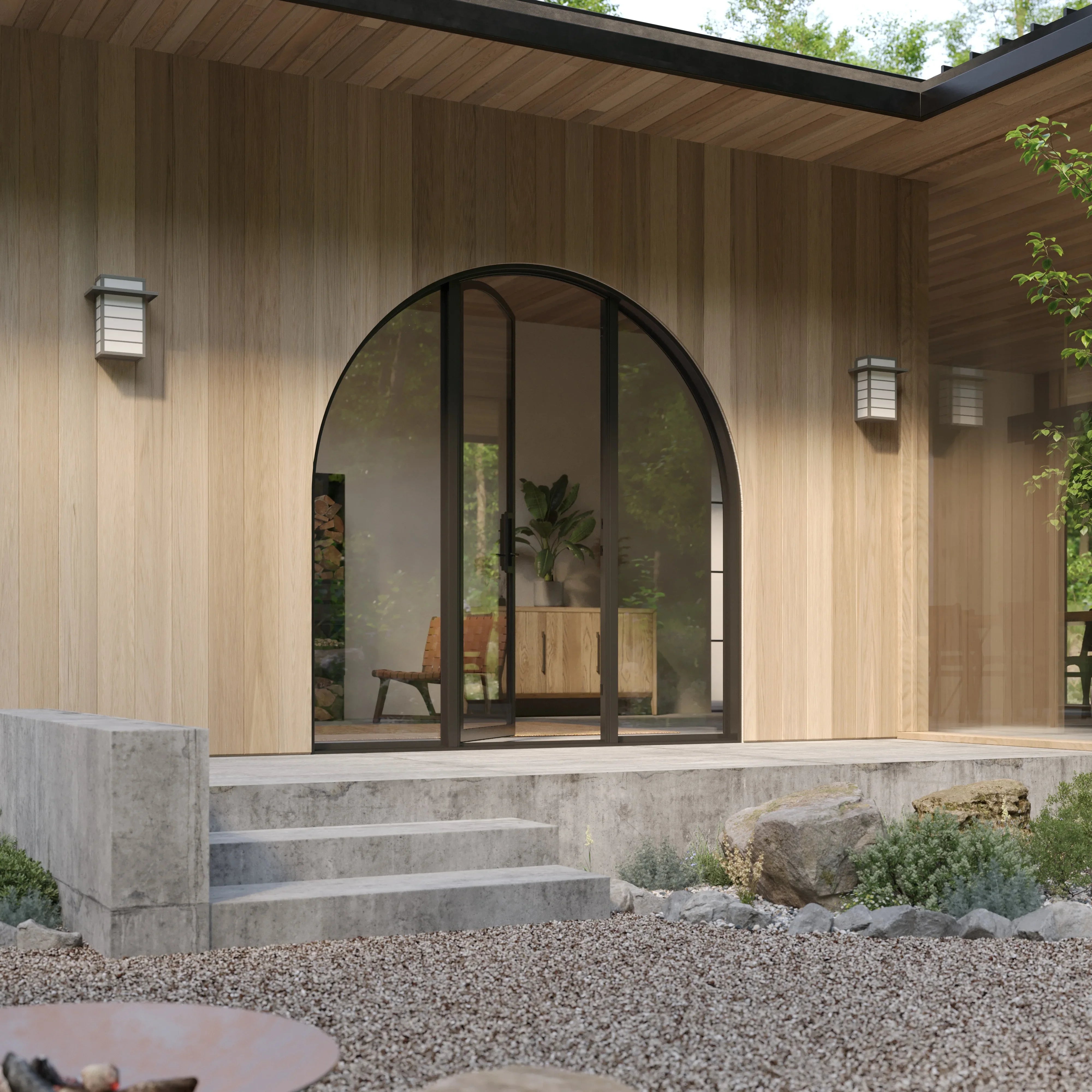 Arched steel entry door with side windows and dual-pane Low-E glazing