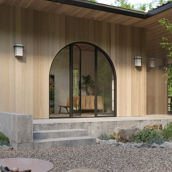 Arched steel entry door with side windows and dual-pane Low-E glazing