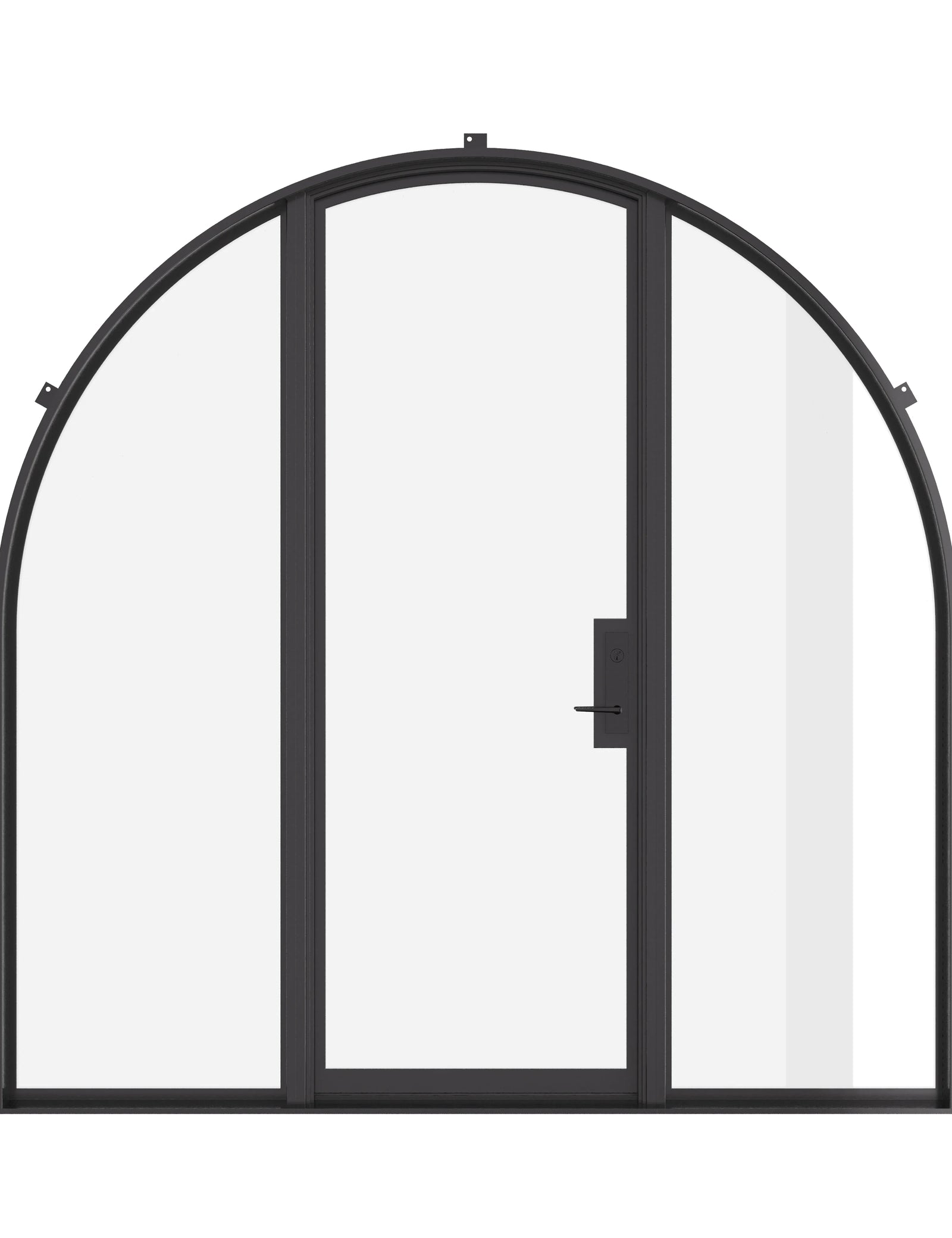 Single full arch steel door with sidelights, NFRC-rated.