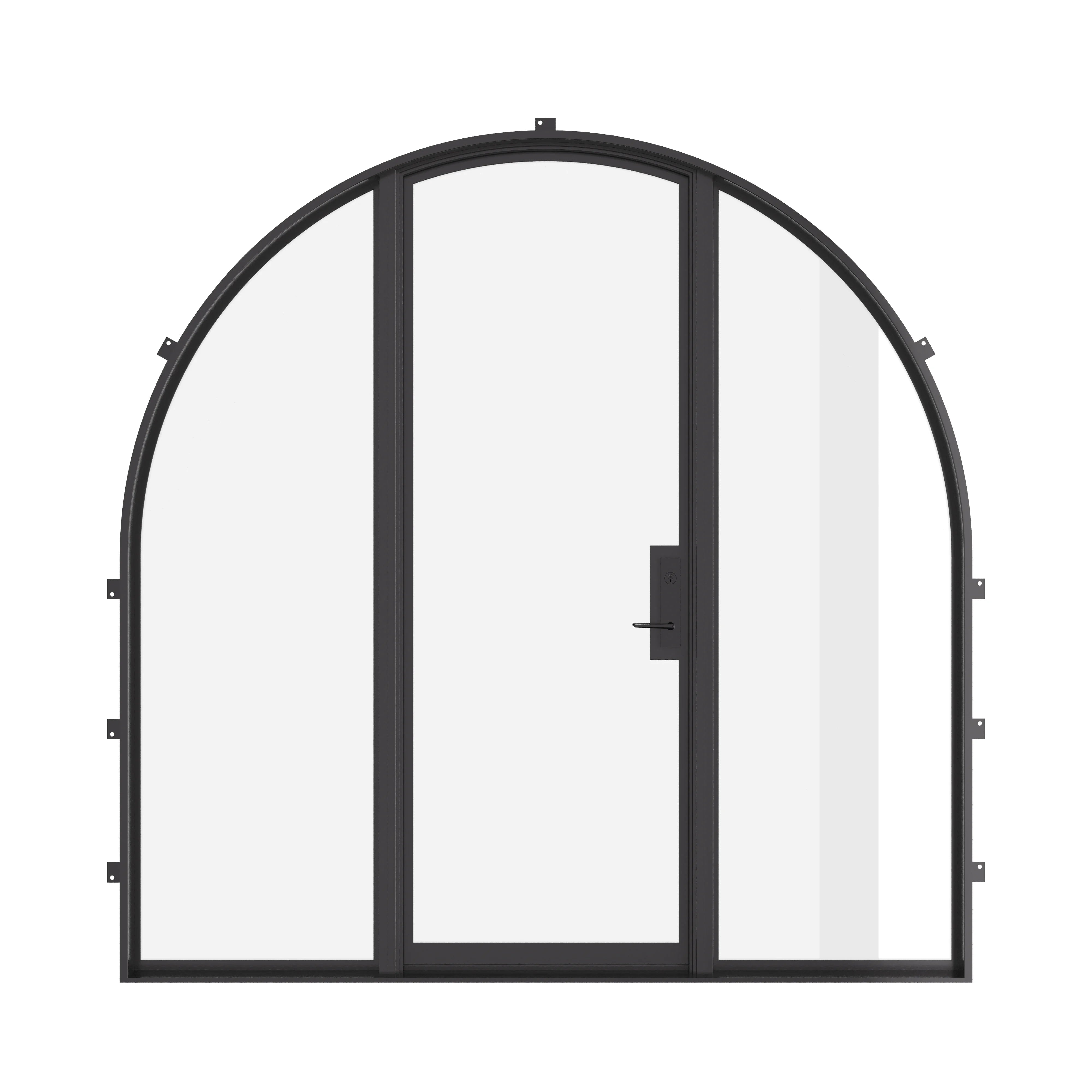 Single full arch steel door with sidelights, NFRC-rated.