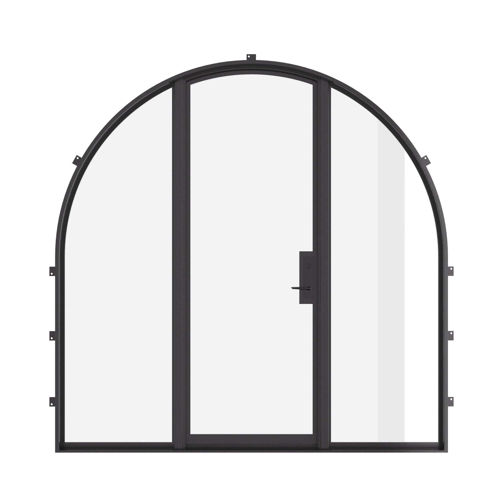 Single full arch steel door with sidelights, thermal barrier, and divided lite glass