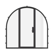 Single full arch steel door with sidelights, thermal barrier, and divided lite glass