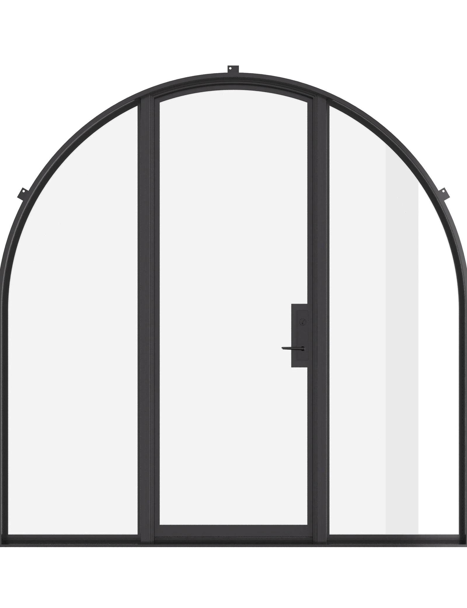 Single full arch steel door with sidelights, thermal barrier, and divided lite glass