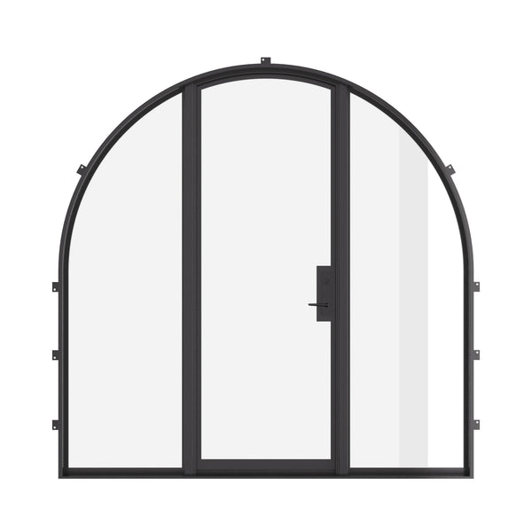 Single full arch steel door with sidelights, thermal barrier, and divided lite glass