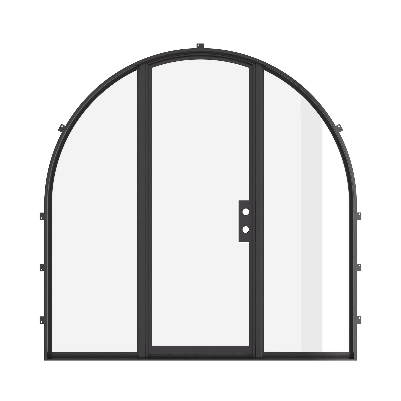 Exterior full arch steel entry with slim sightlines.