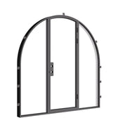 Architectural single full arch steel door with sidelights.