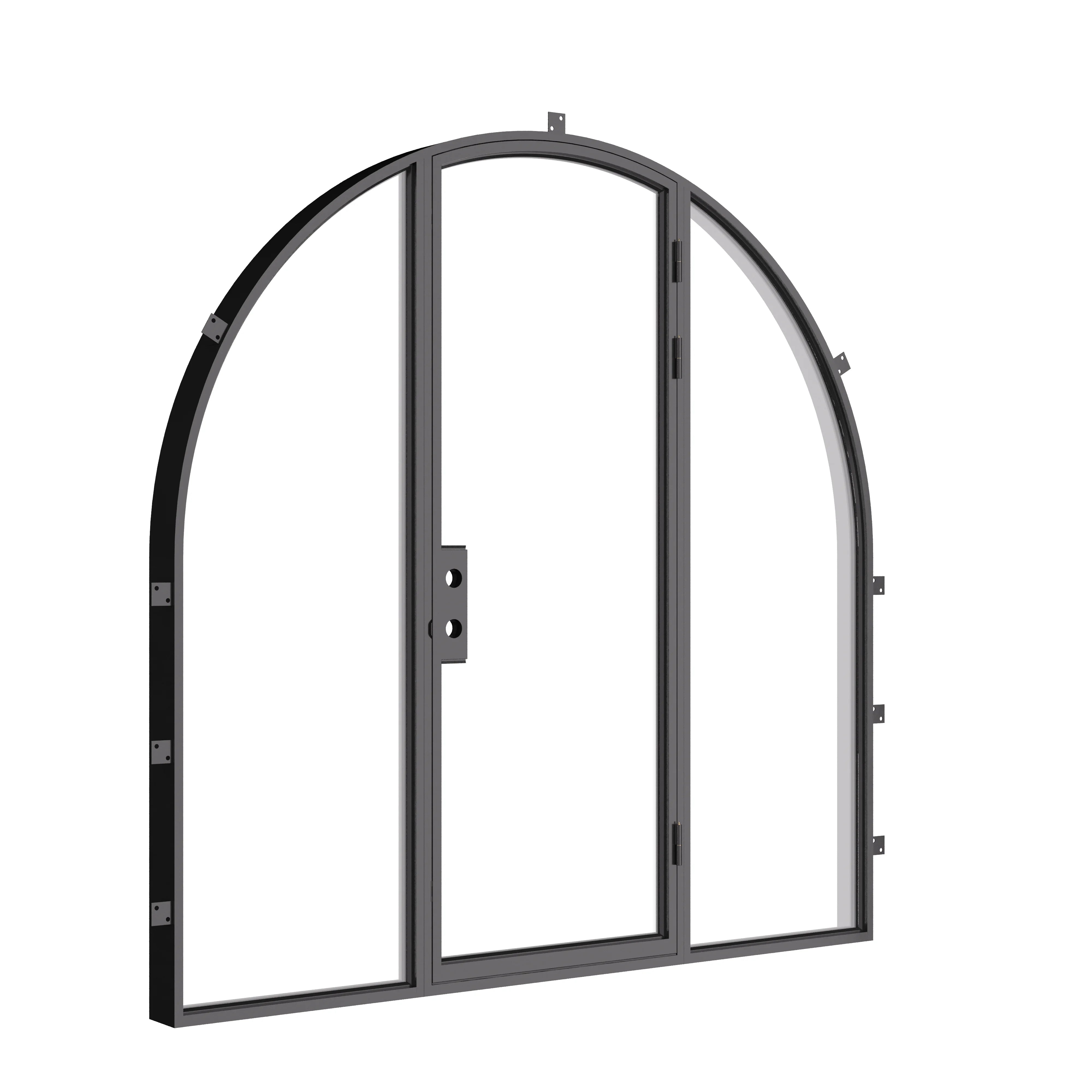 Architectural single full arch steel door with sidelights.