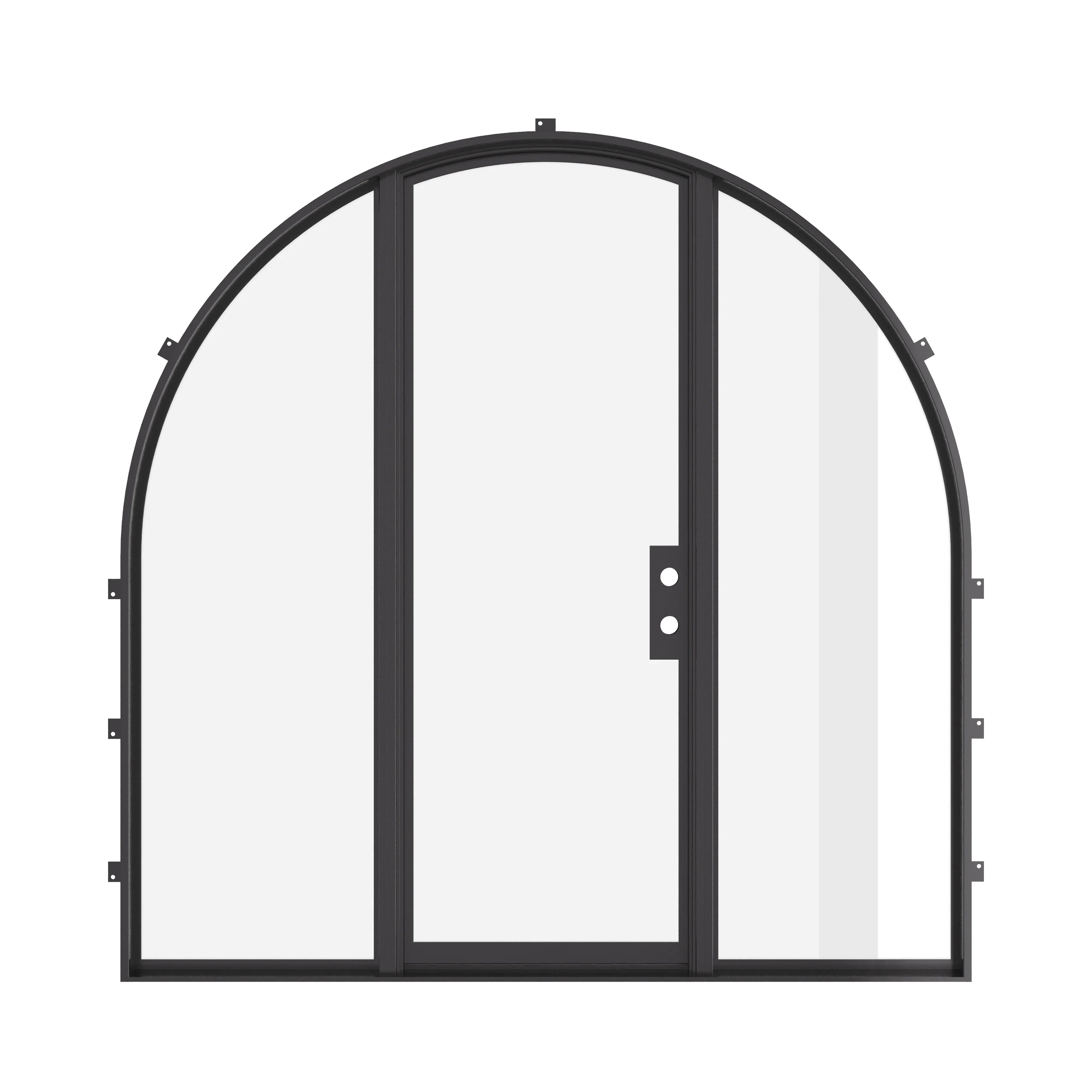 Architectural single arch steel door system with sidelights and thermal insulation