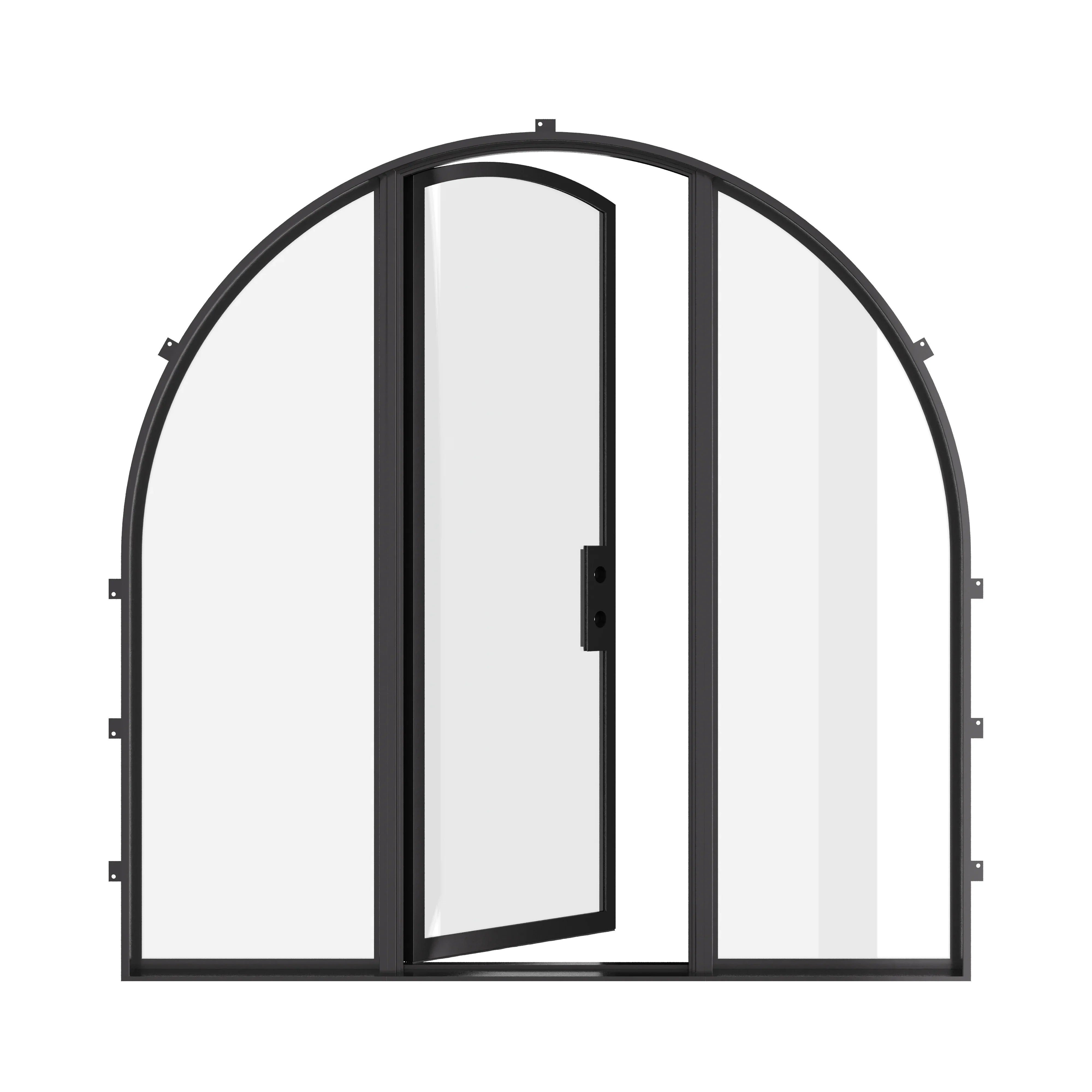 Energy-efficient arched steel door with sidelights and narrow sightlines