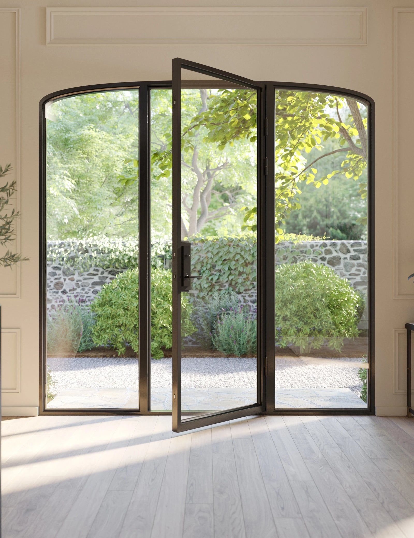 Arched steel entry with side windows and insulated glass.