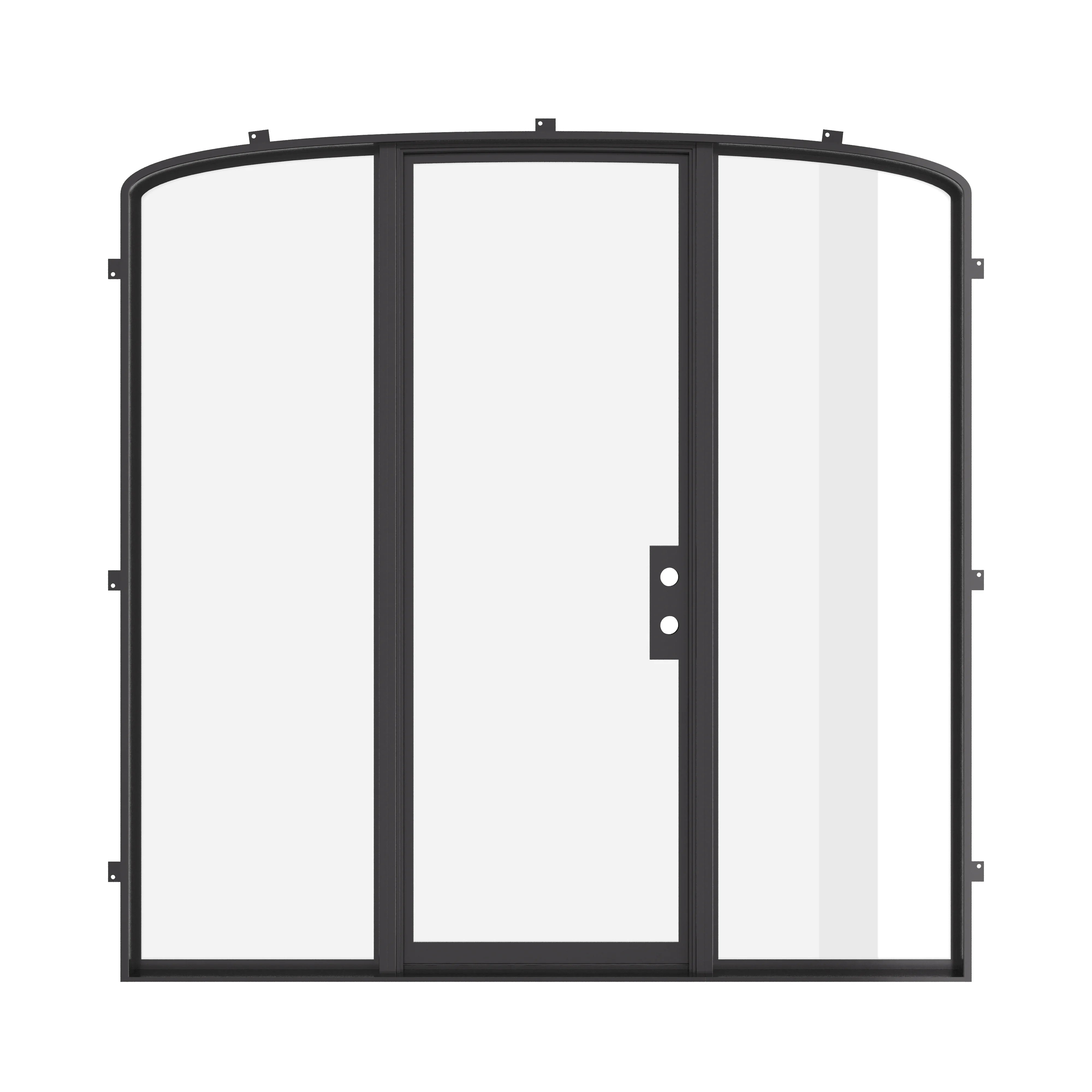 Cold-rolled mini arch steel door with side lites.