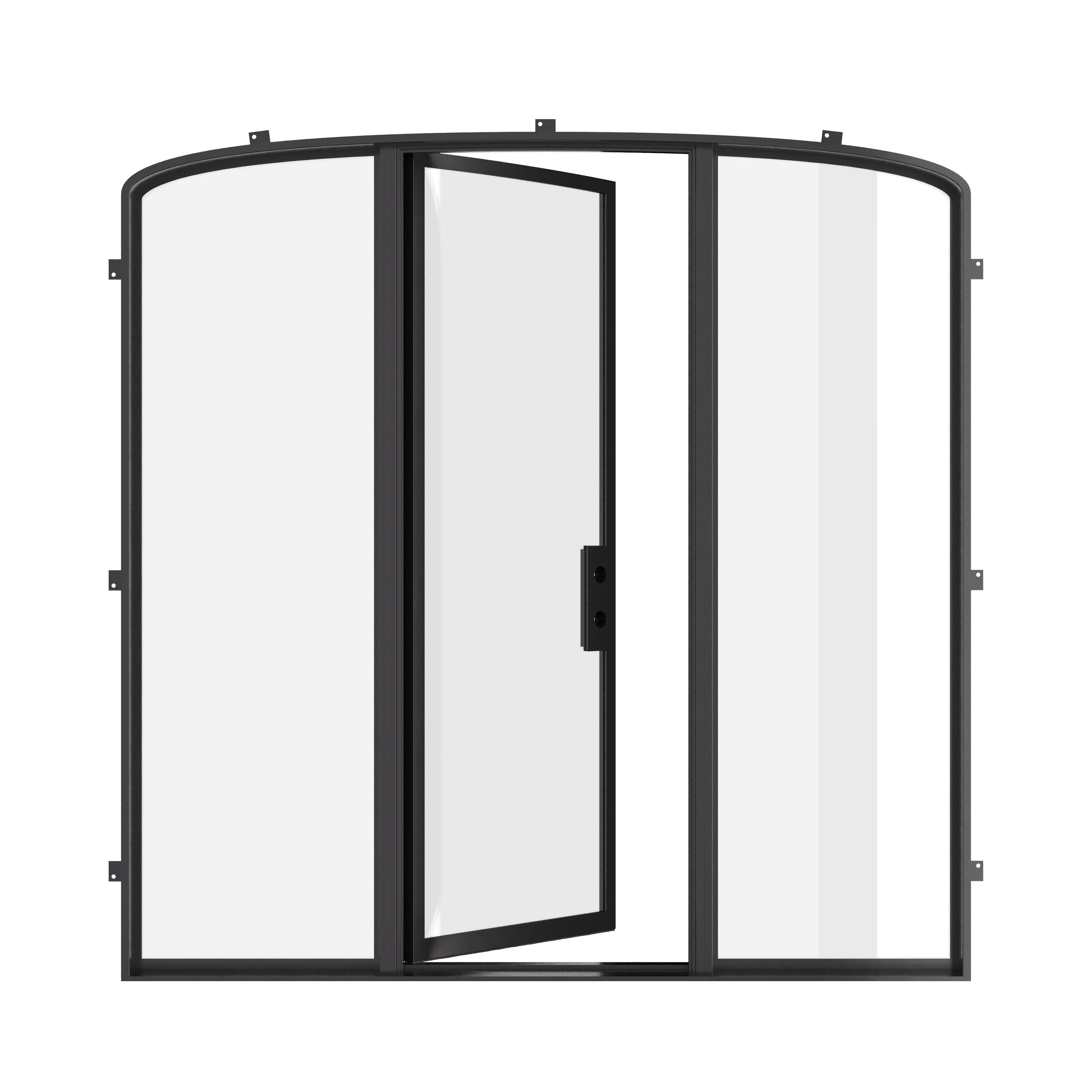 Exterior mini arch steel entry with slim sightlines.