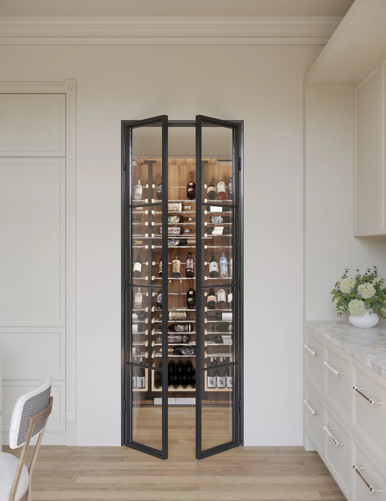 Air Pantry double flat glass pantry doors with slim steel frames for contemporary homes