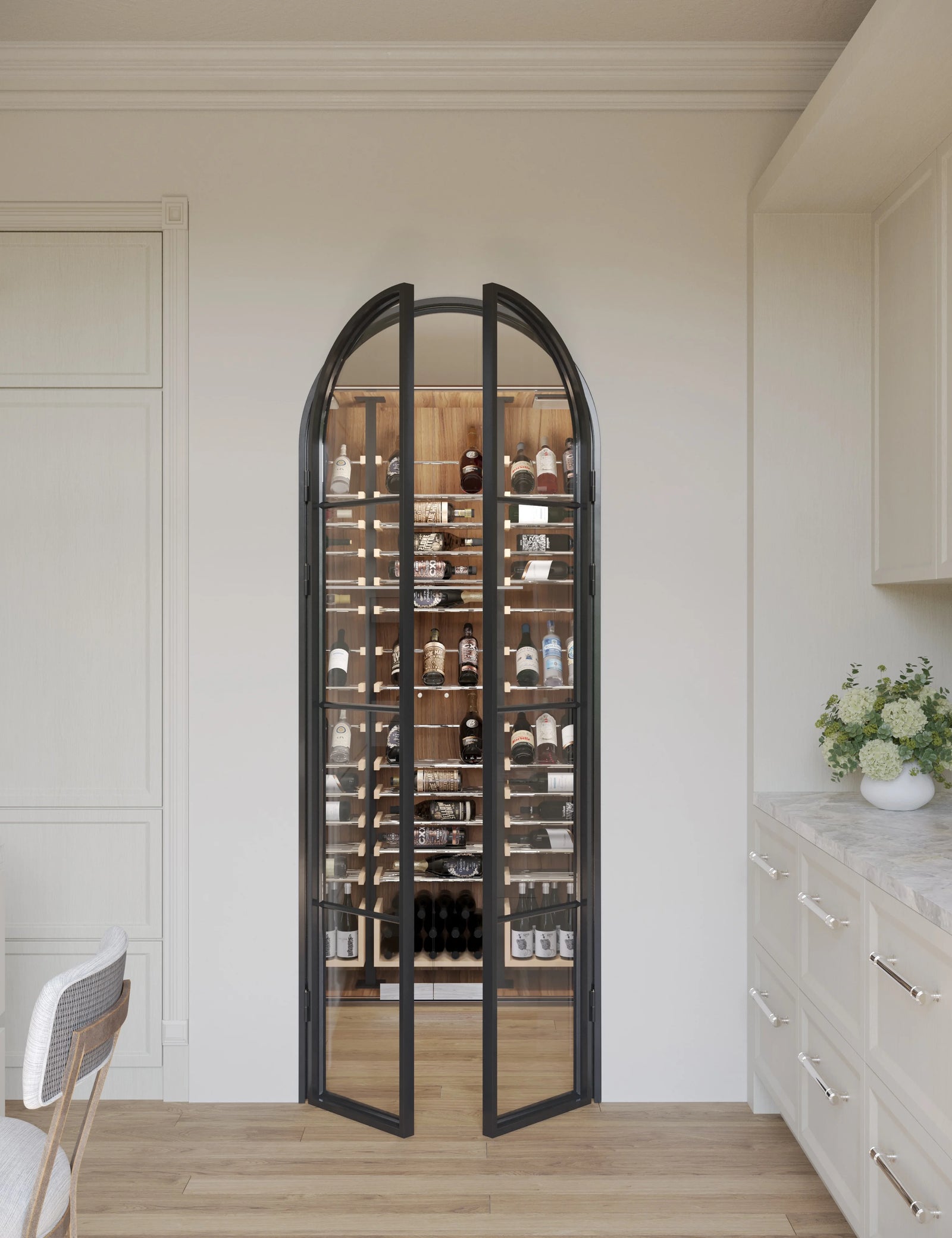 Air Pantry double full arch glass pantry doors with architectural steel frames