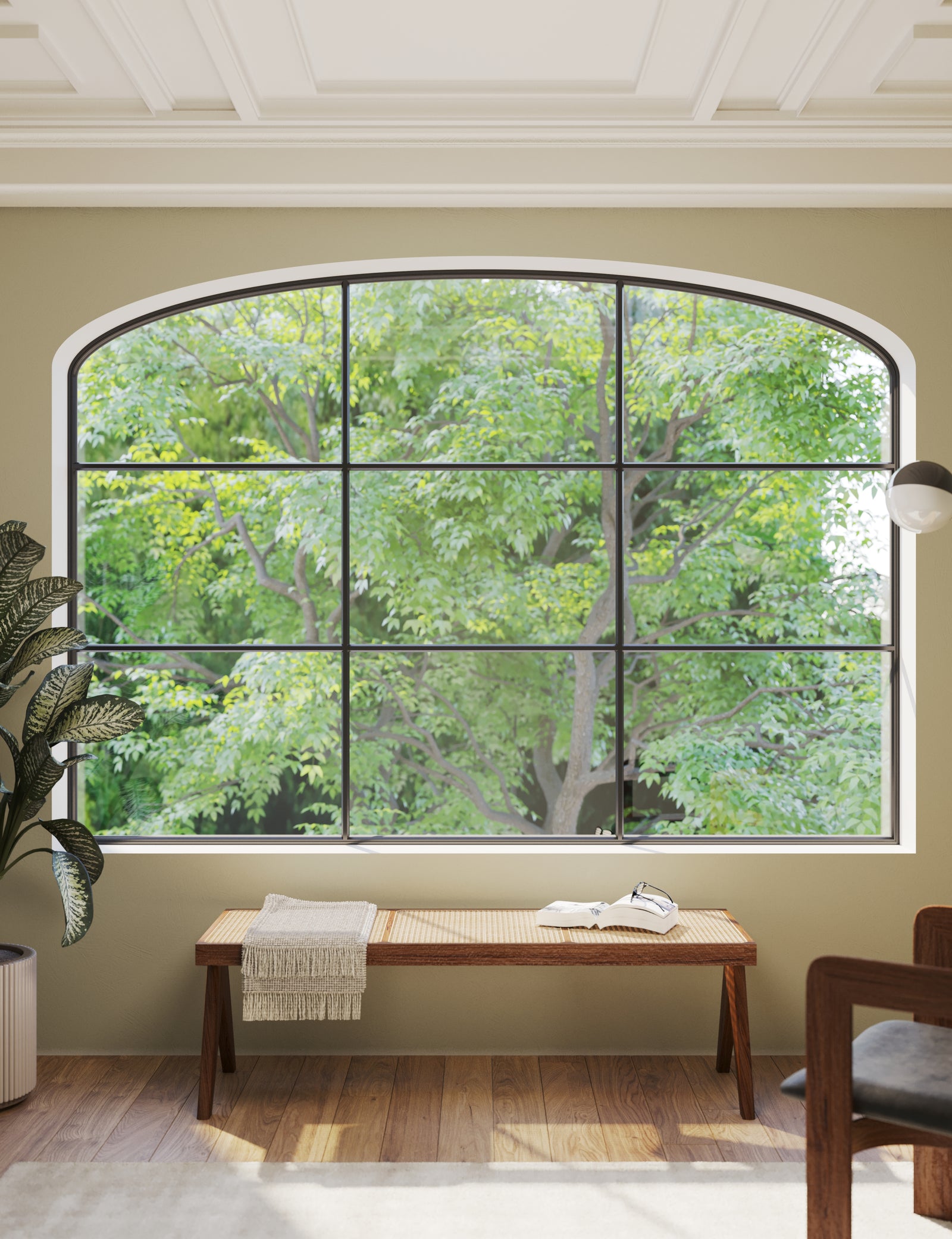 arched top steel window with horizontal glass panel and low-e glazing